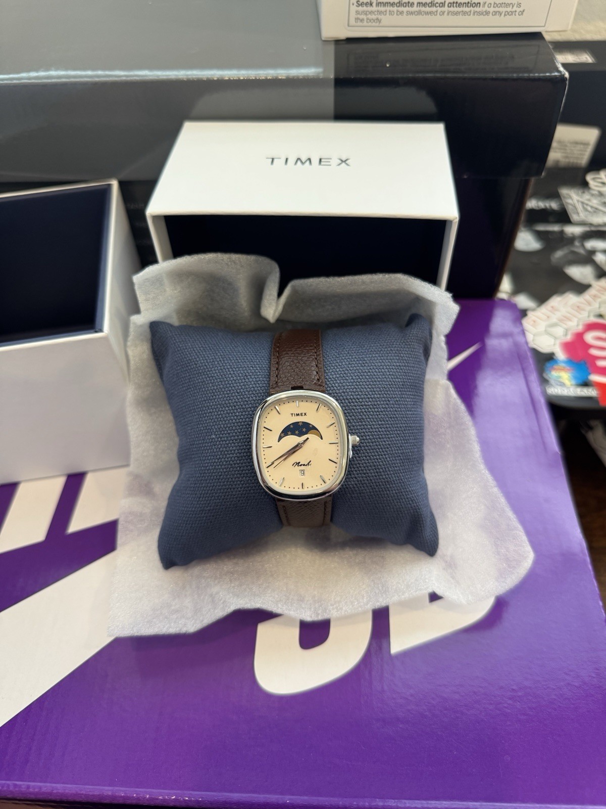 Timex X Noah Oval Moon Phase Quartz Brown Leather Strap Silver Case Boxed Watch