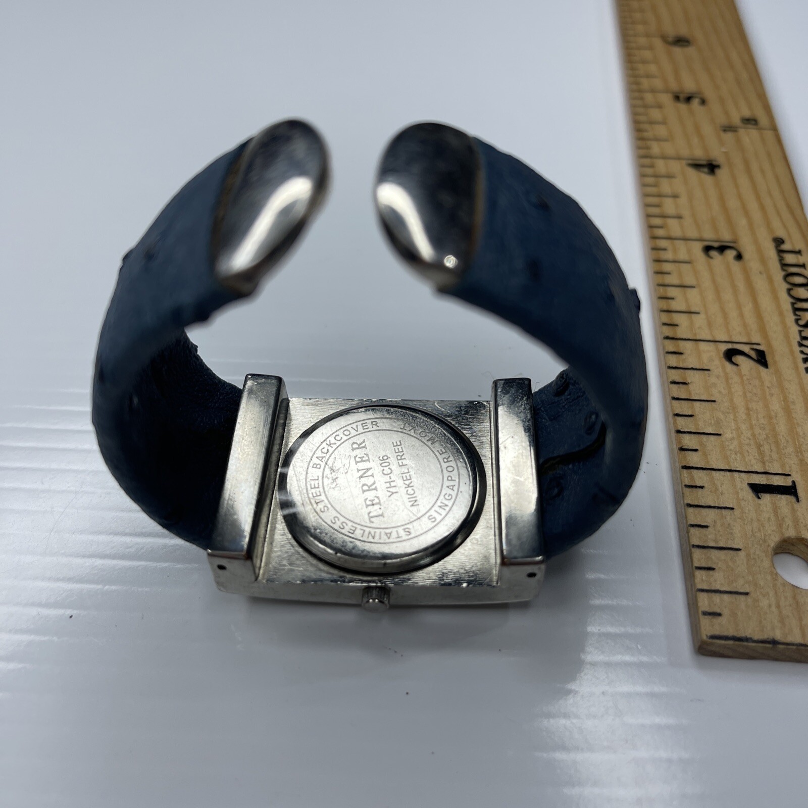 F Terner YHC06 Stainless Singapore Indiglo Teal Blue Ostrich Cuff Watch Works