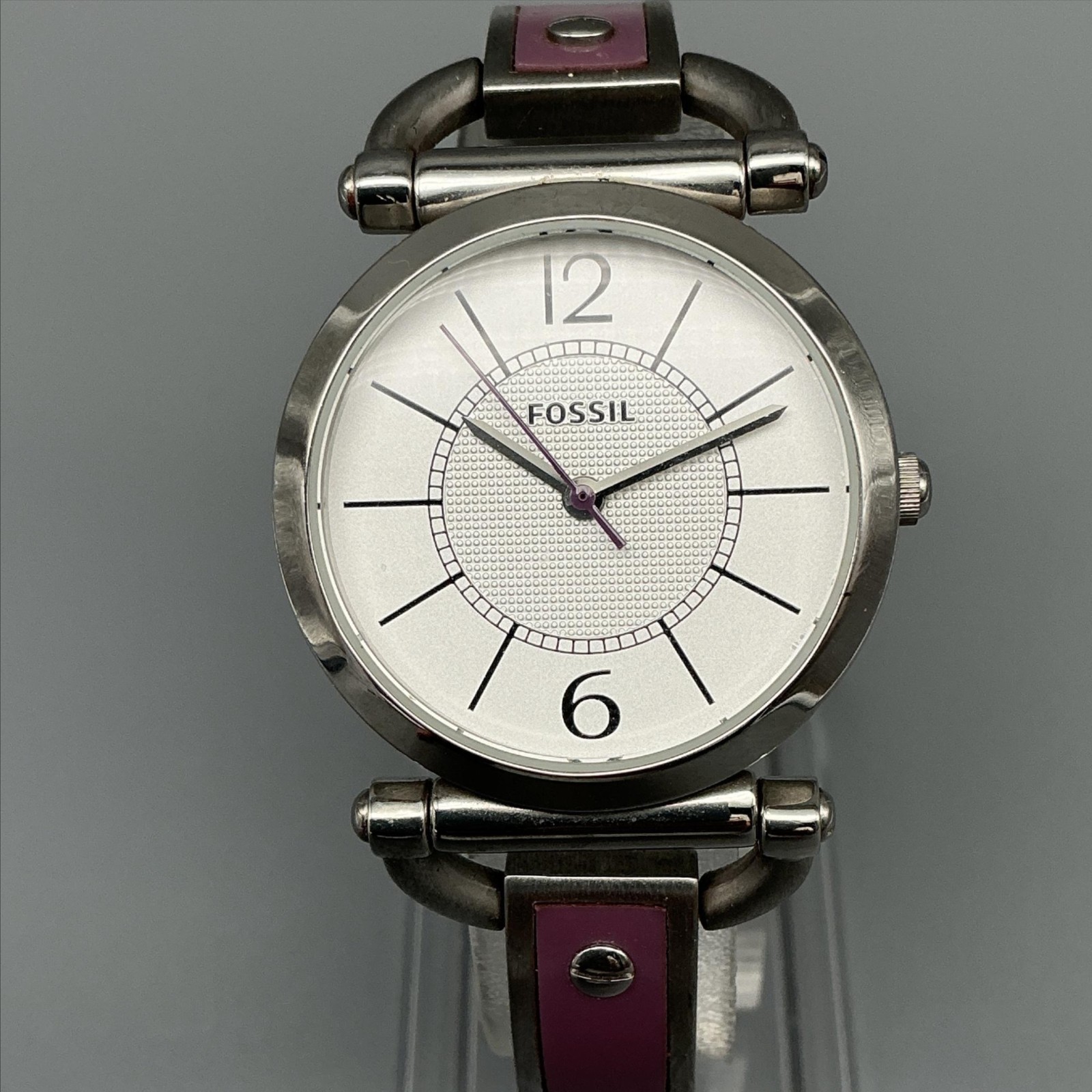 Fossil ES-2472 Womens Watch 30mm Silver Tone Purple Inlay Stainless New Battery