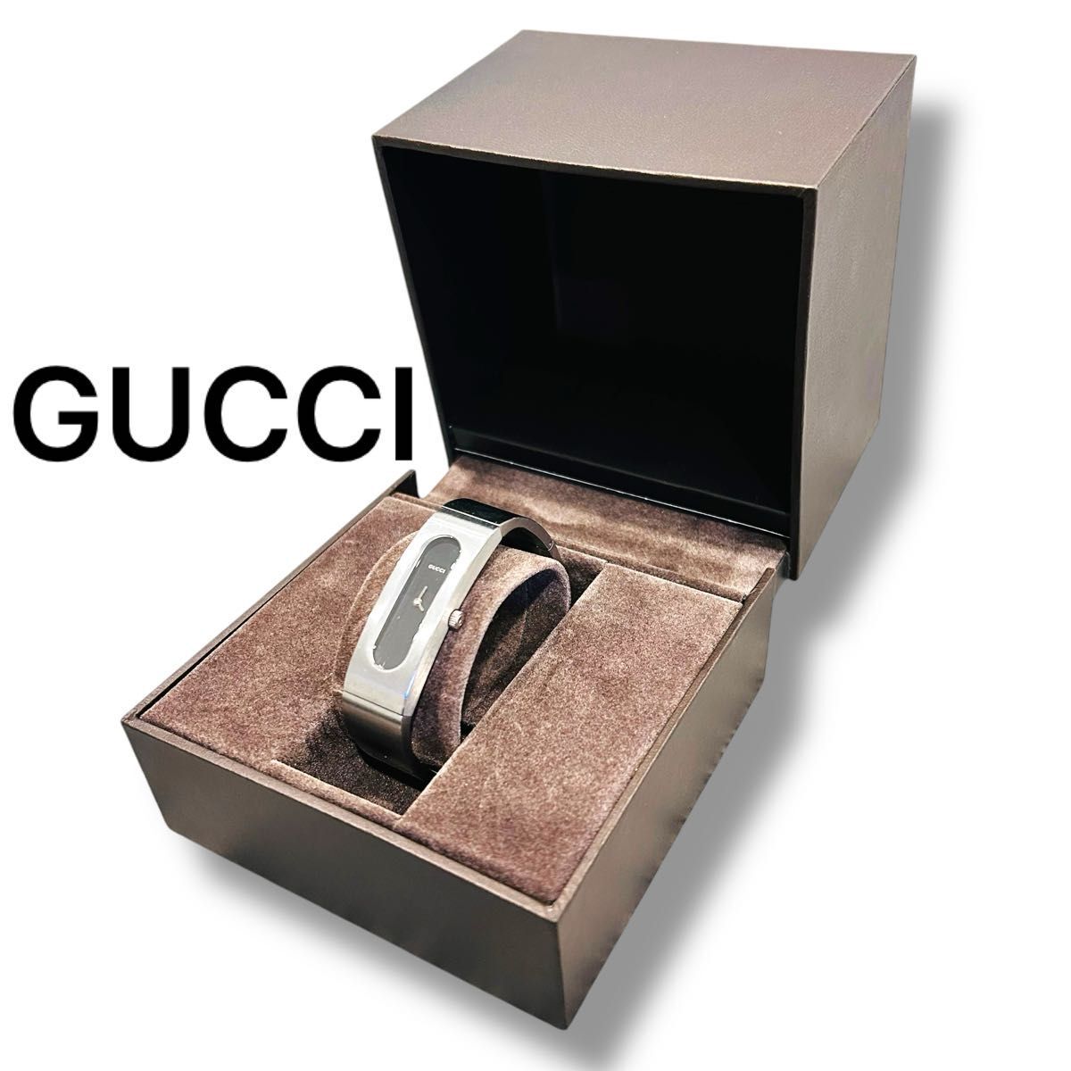 GUCCI 2400S Watch Bangle Ladies Quartz Black Dial Silver SS Vintage Working