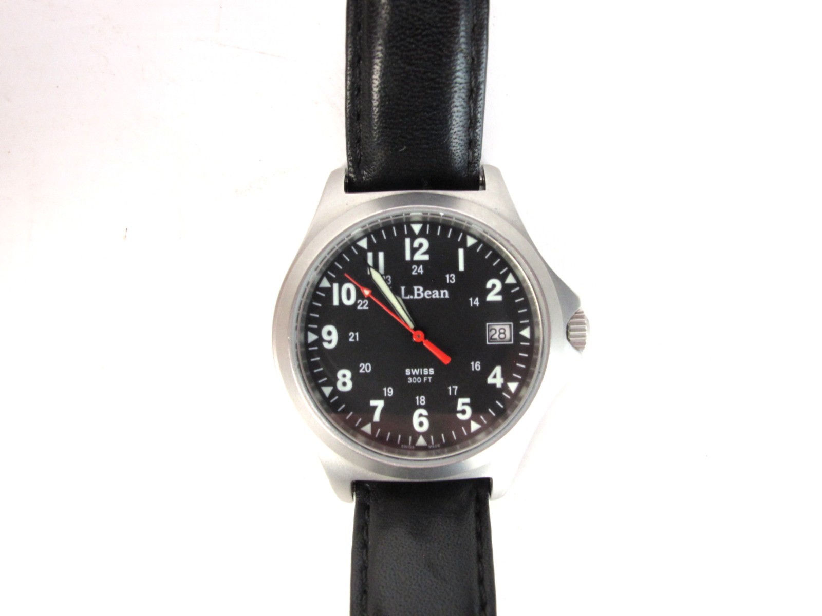 L.L. Bean Swiss Watch 300ft Swiss Made Black Calf Leather Strap