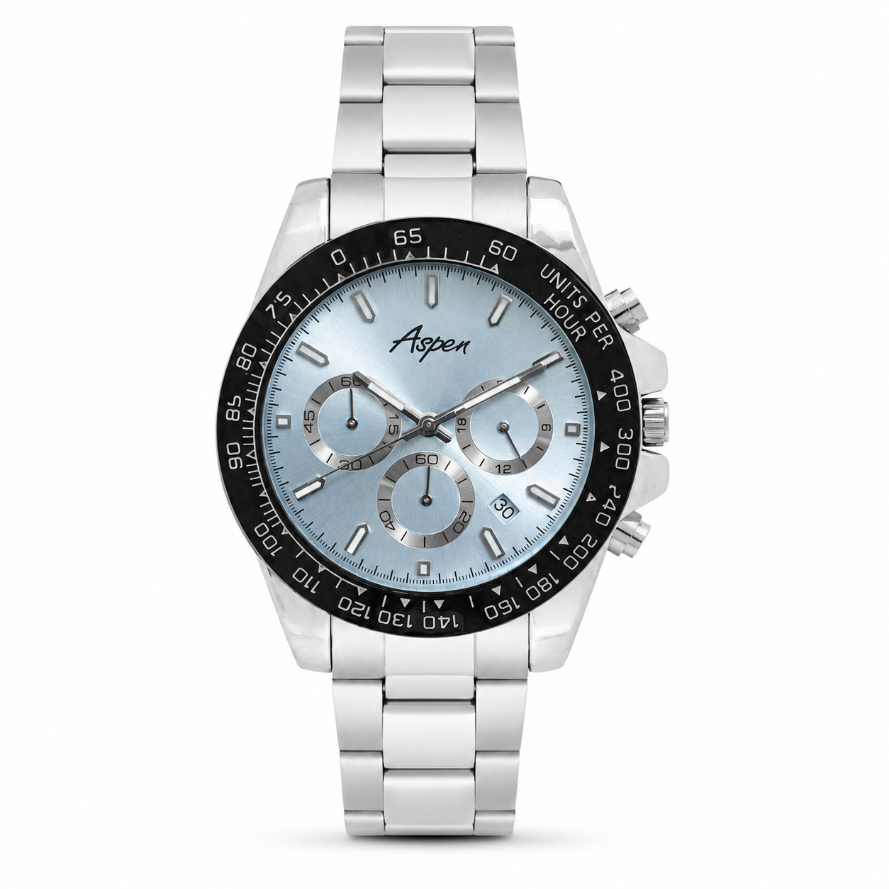 Mens 43mm Analog Watch Steel Strap Date 12H/24H Illuminated Silver/Blue Dial