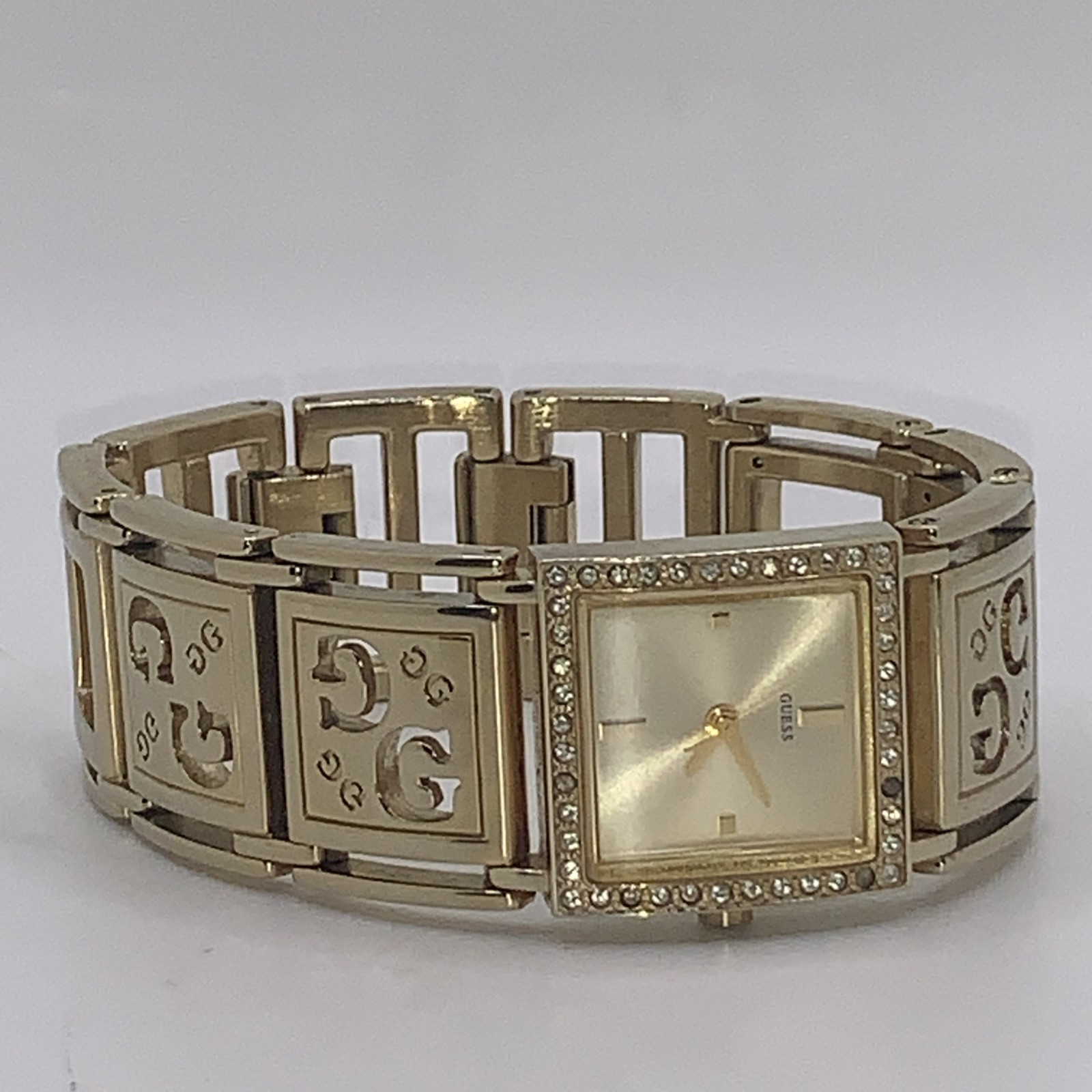 STUNNING GUESS GOLD BAND CRYSTAL SQUARE WATCH #U95067L1 NICE!