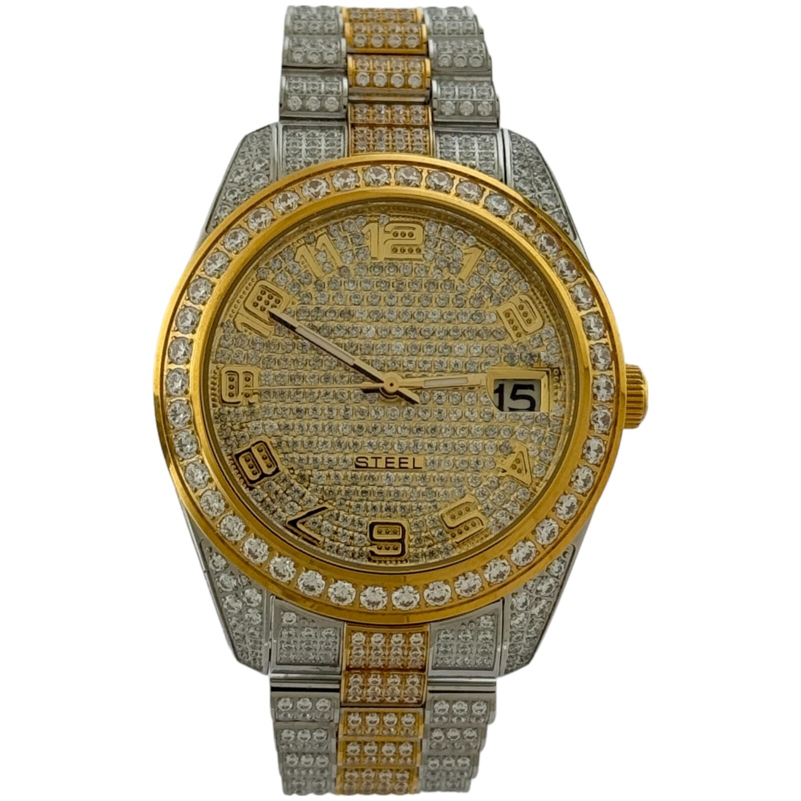 Men’s Stainless Steel Bling Watch, CNC settings on CZ’s, Gold IP Plating, New.
