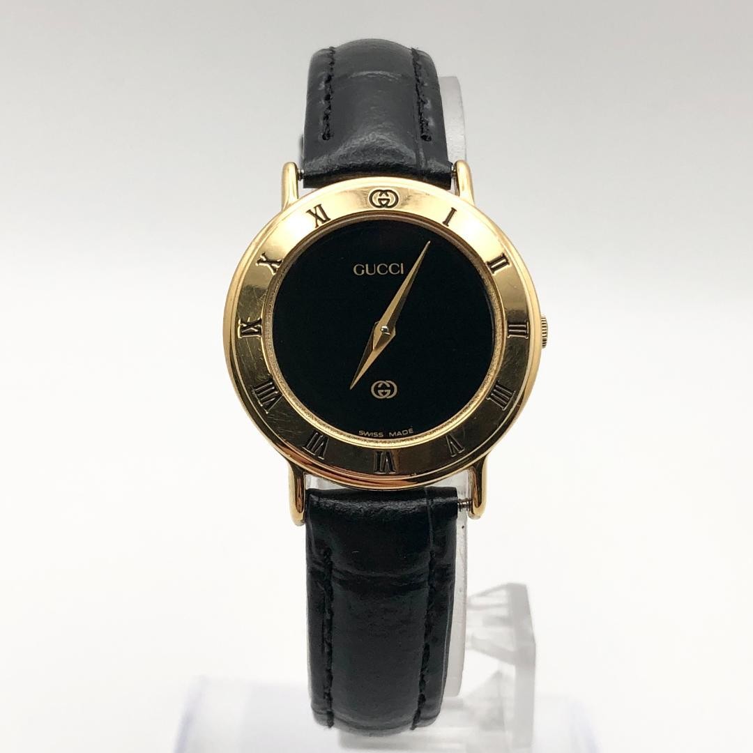 GUCCI 3000L Round Watch Gold Black Dial Quartz New Leather Band Vintage From JP