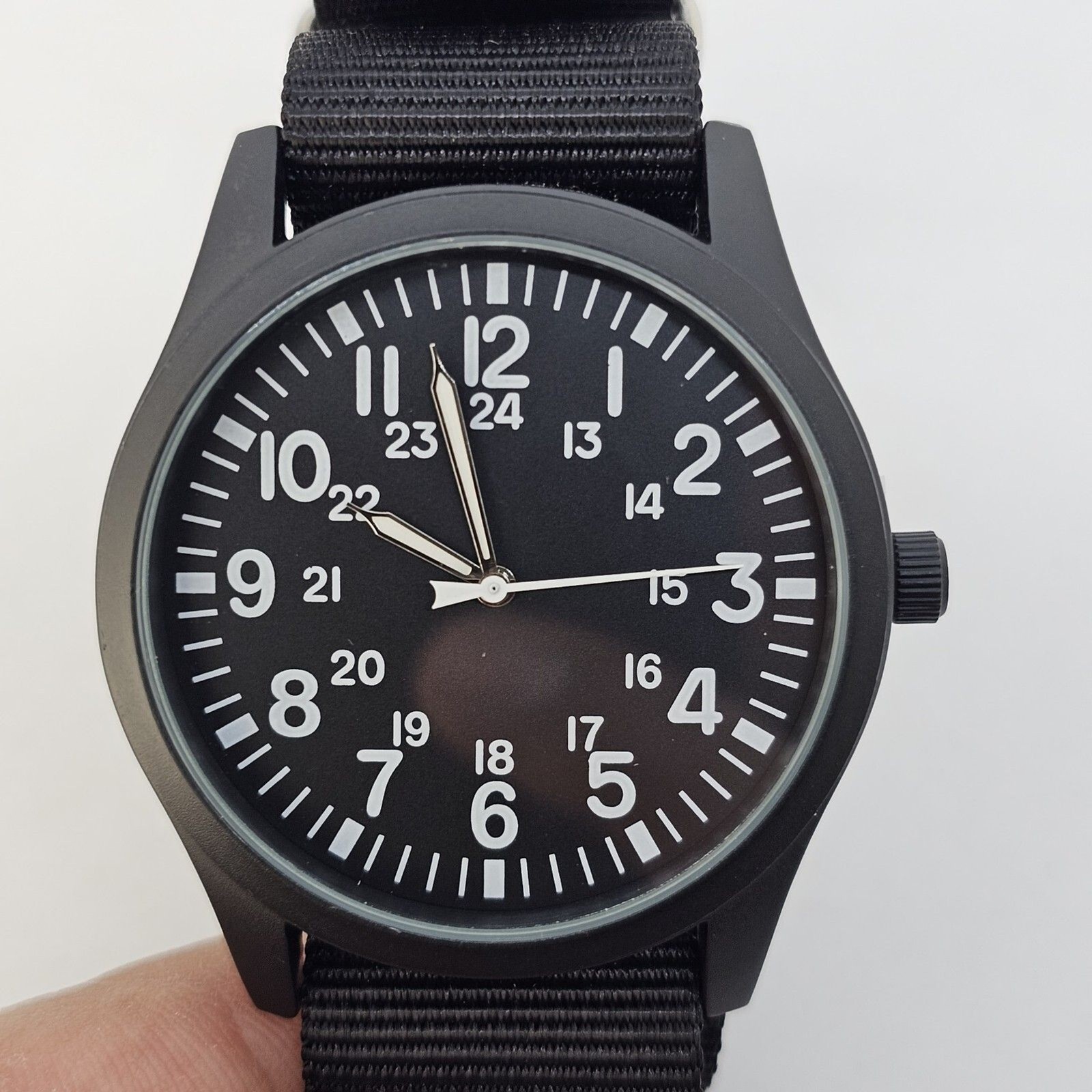 Men’s Field Watch 42MM Black Case Black Dial Black Canvas Band Strap