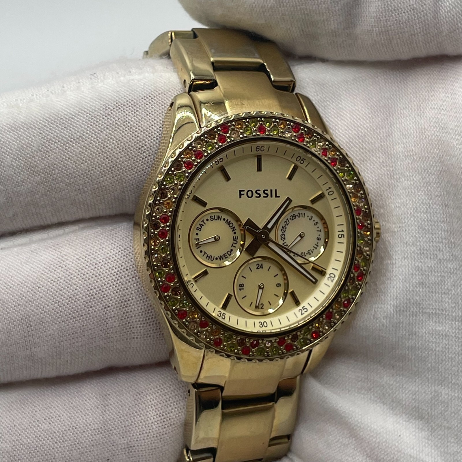 Fossil Stella Watch Womens 24H Day Date 38mm Case Multi Color Gem Set ES3201