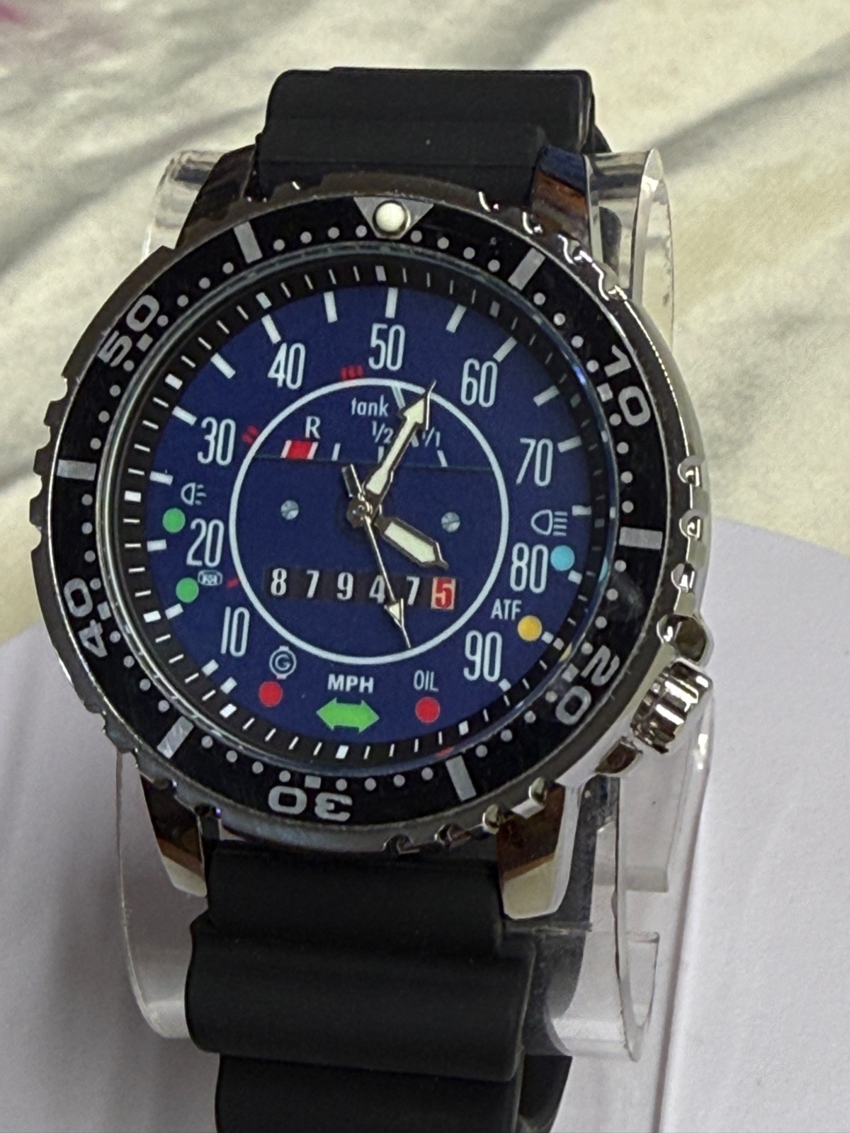 Watch Speedometer VW FULL GREEN LUME Dial 46m Silver Case Silicone 20mm band