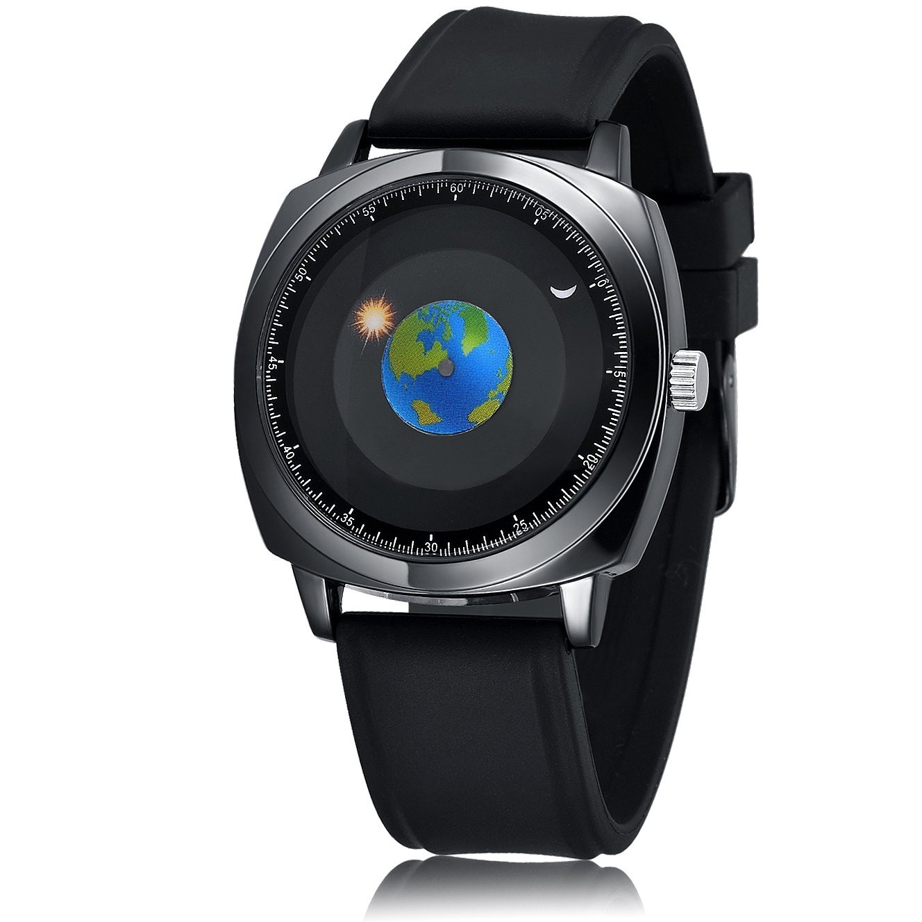 50M Waterproof World Map Watches for Men Classic Earth Globe Moon Sun Rotatin…