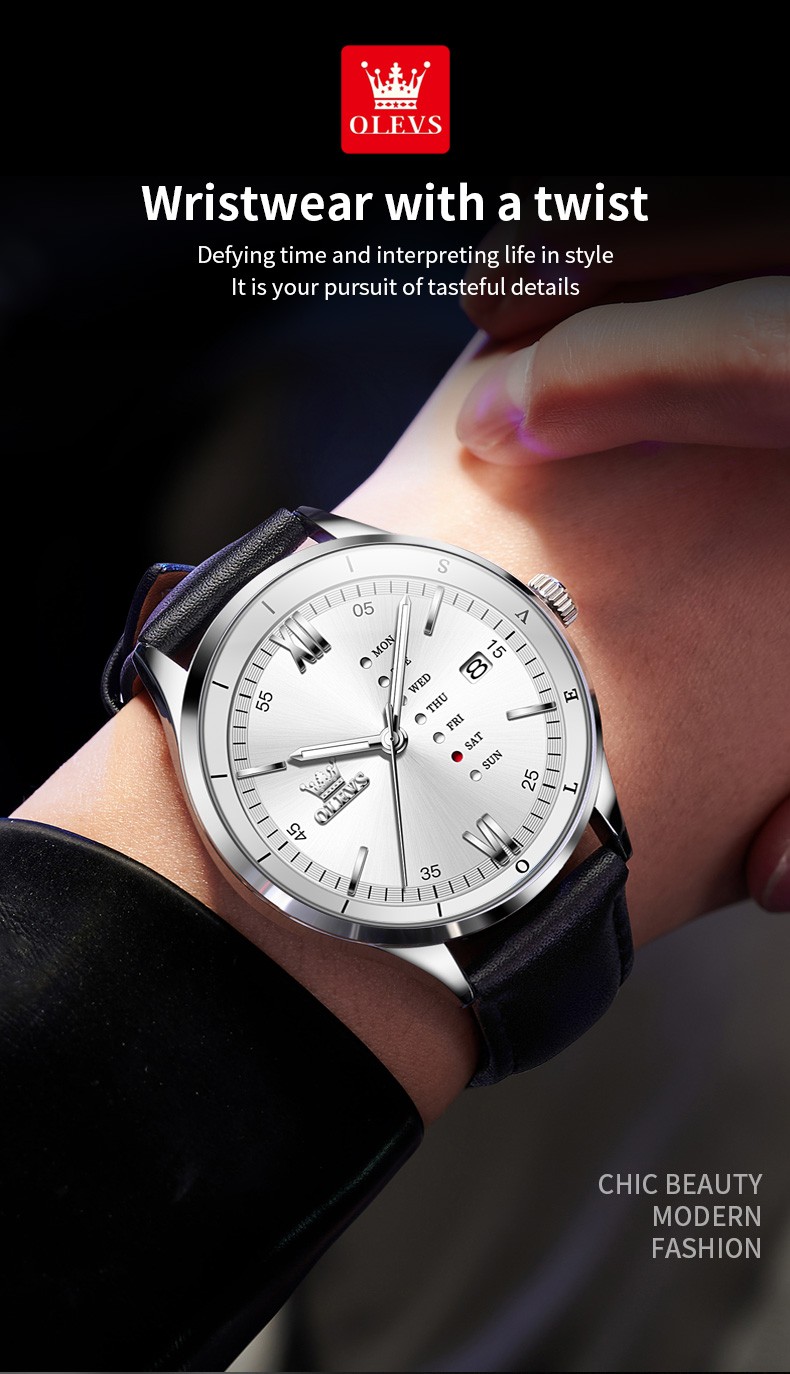 OLEVS Leather Band Quartz Men’s Wrist Watch Day Date Luminous Hands Waterproof