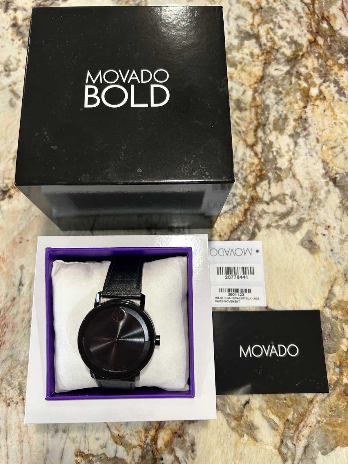 Movado BOLD TR90 42mm Black Stainless Steel Case Watch, Black Leather Band