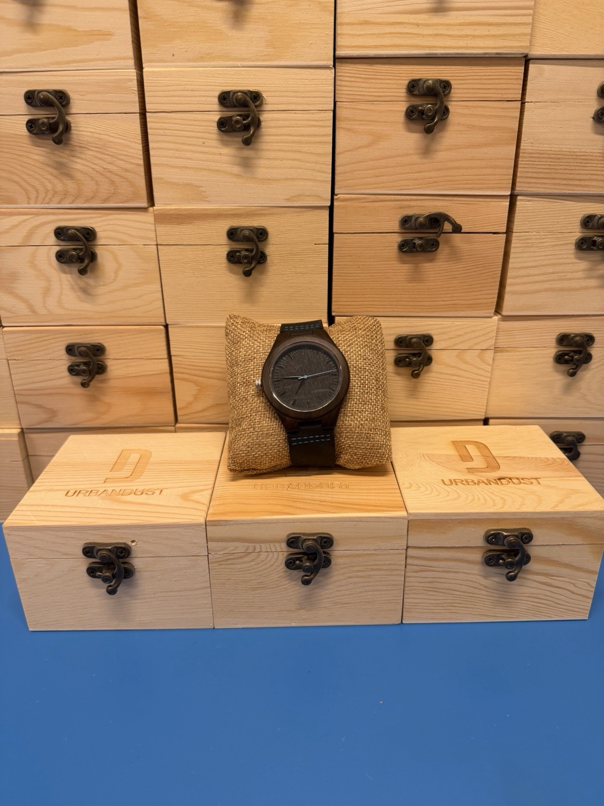 Brand NEW Watch In Wooden Gift box Leather Strap Wooden Watch Face Blue Color
