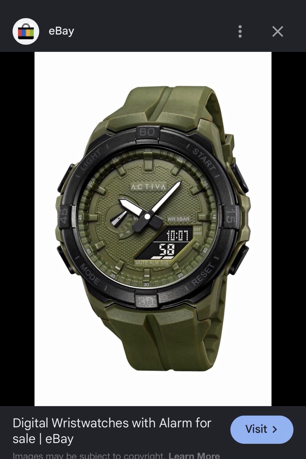 Activa Men’s Quartz Analog-Digital Sport Watch Green Rubber Strap Date Alarm 50m