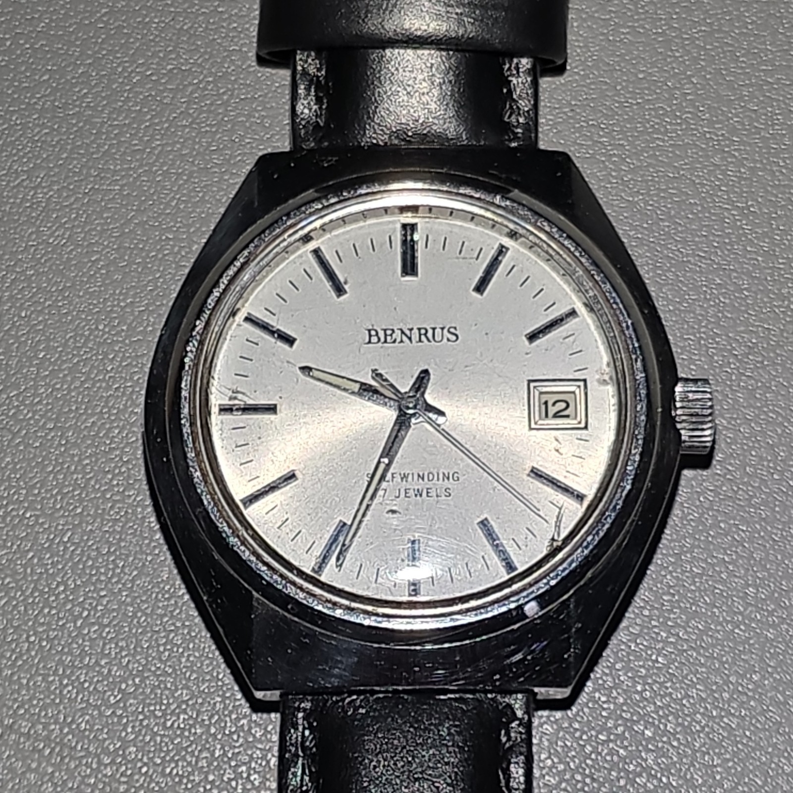 Benrus Classic Analog 17 Jewels Date Silver Dial Stainless Steel Black Leather