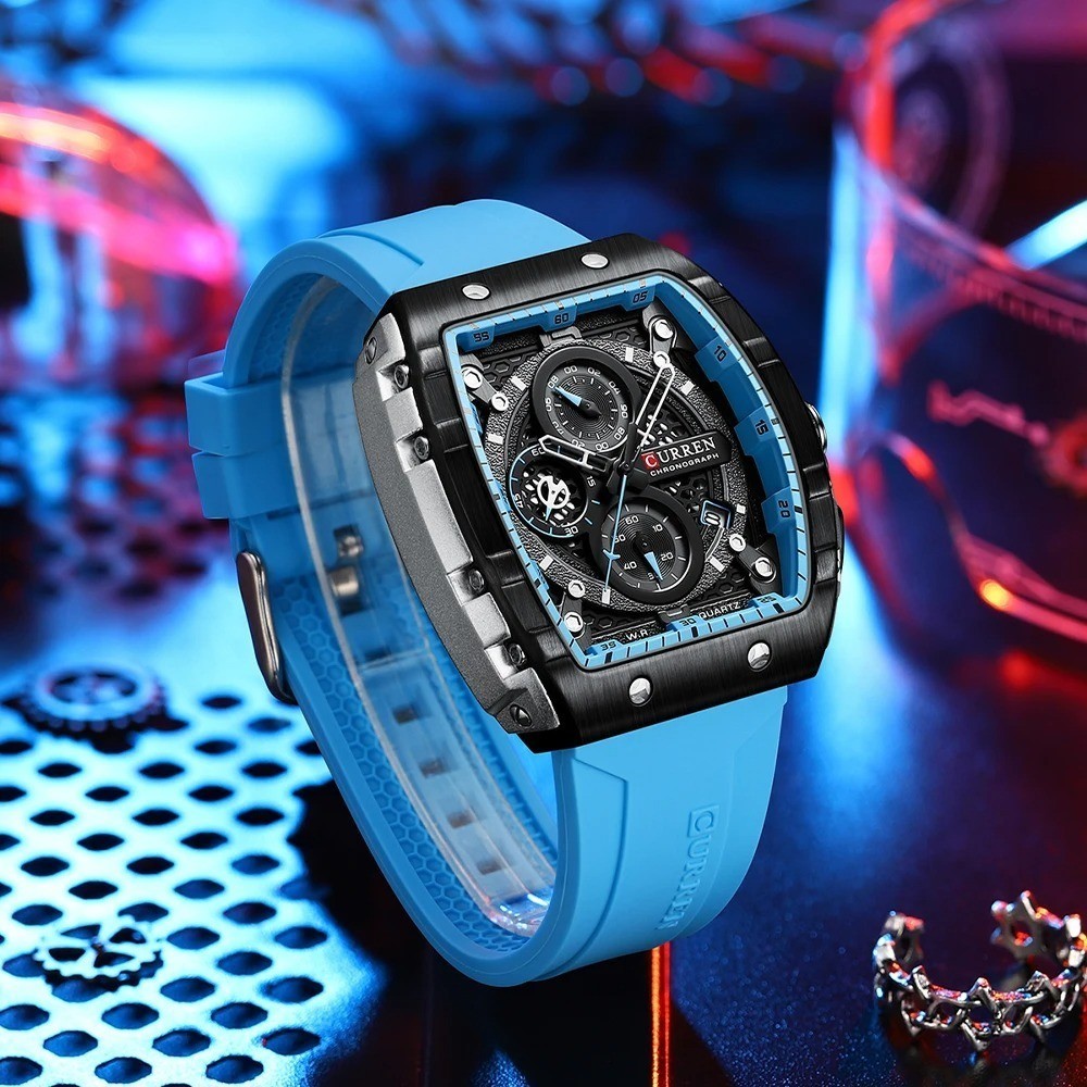 Men’s CURREN Chronograph Sport Luxury Tonneau Case Watch Silicone Strap