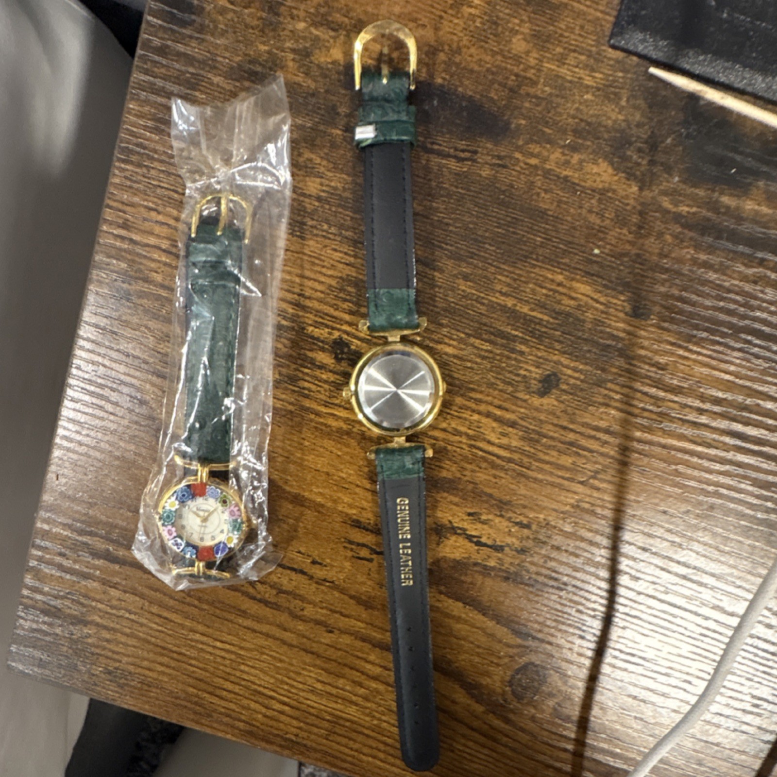 Venice Quartz Floral Dial Dark Green Leather Band Gold Tone Case Women’s Watch