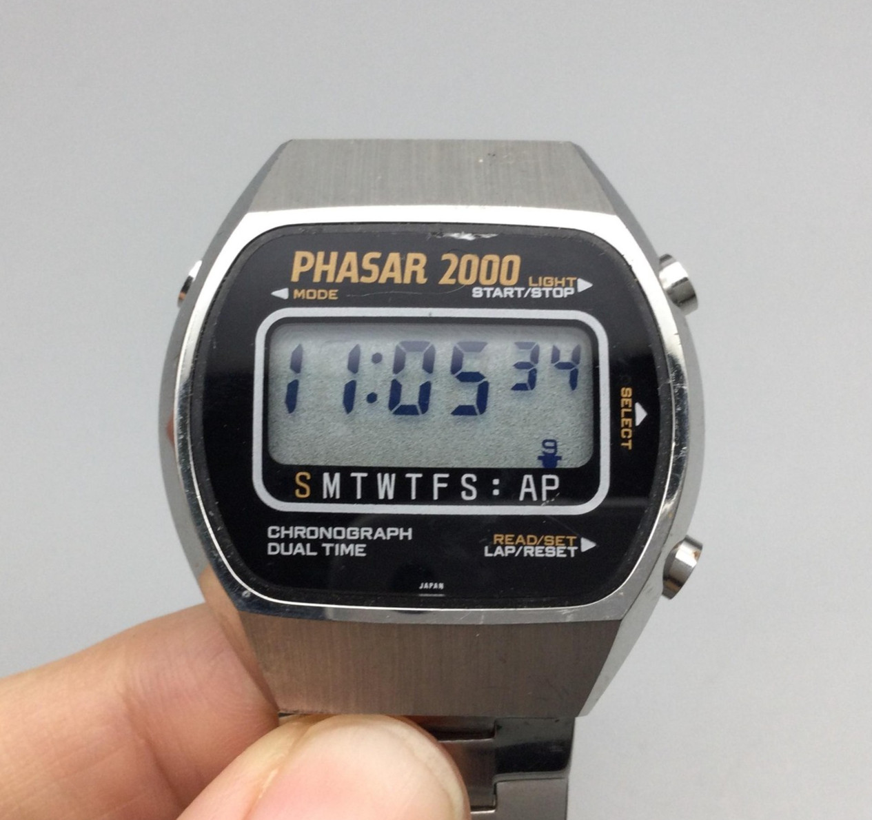 Vintage Phasar 2000 Digital Watch Mens 37mm Stainless Steel New Battery 7.25″
