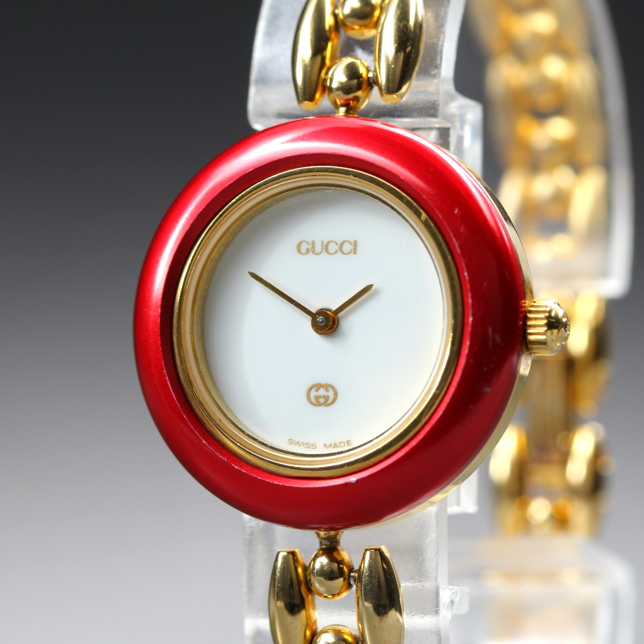[Exc+5] Vintage GUCCI 1100-L Change Bezel Quartz Red Gold 26mm Women’s Watch