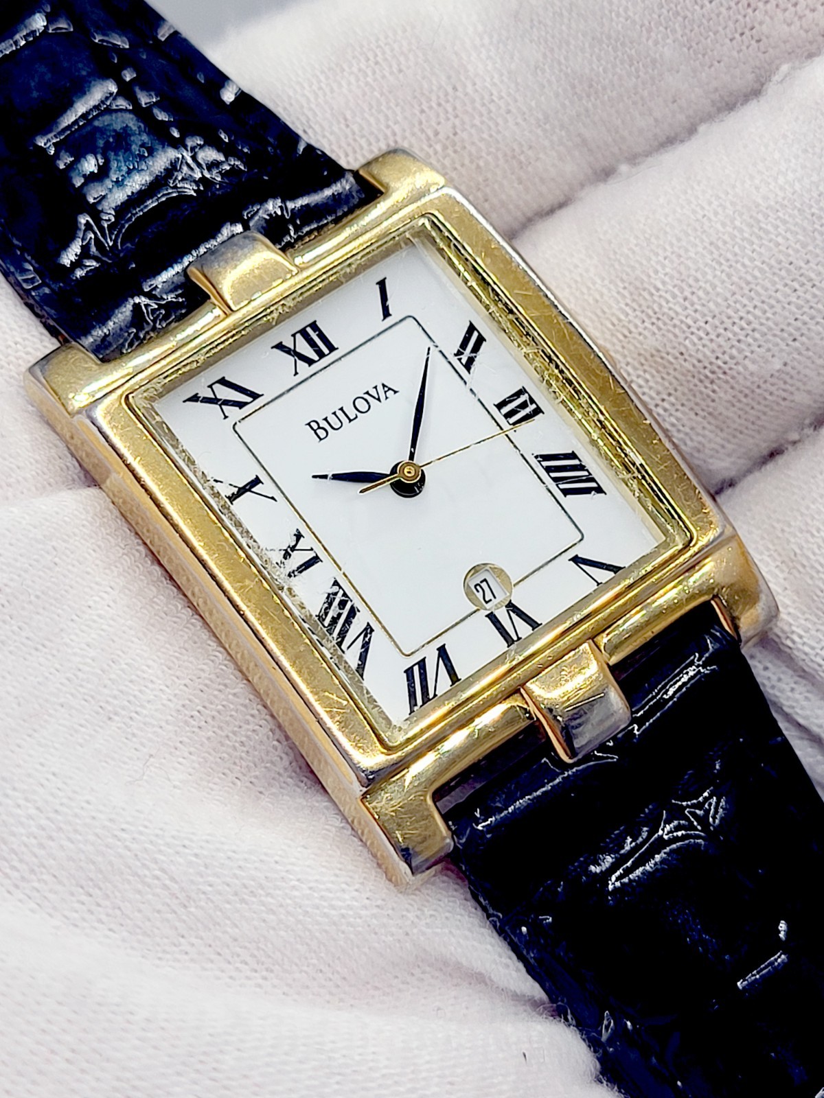 Bulova Tank Watch Men 26mm White Dial Gold Tone Date Rectangle 97B41 New Battery