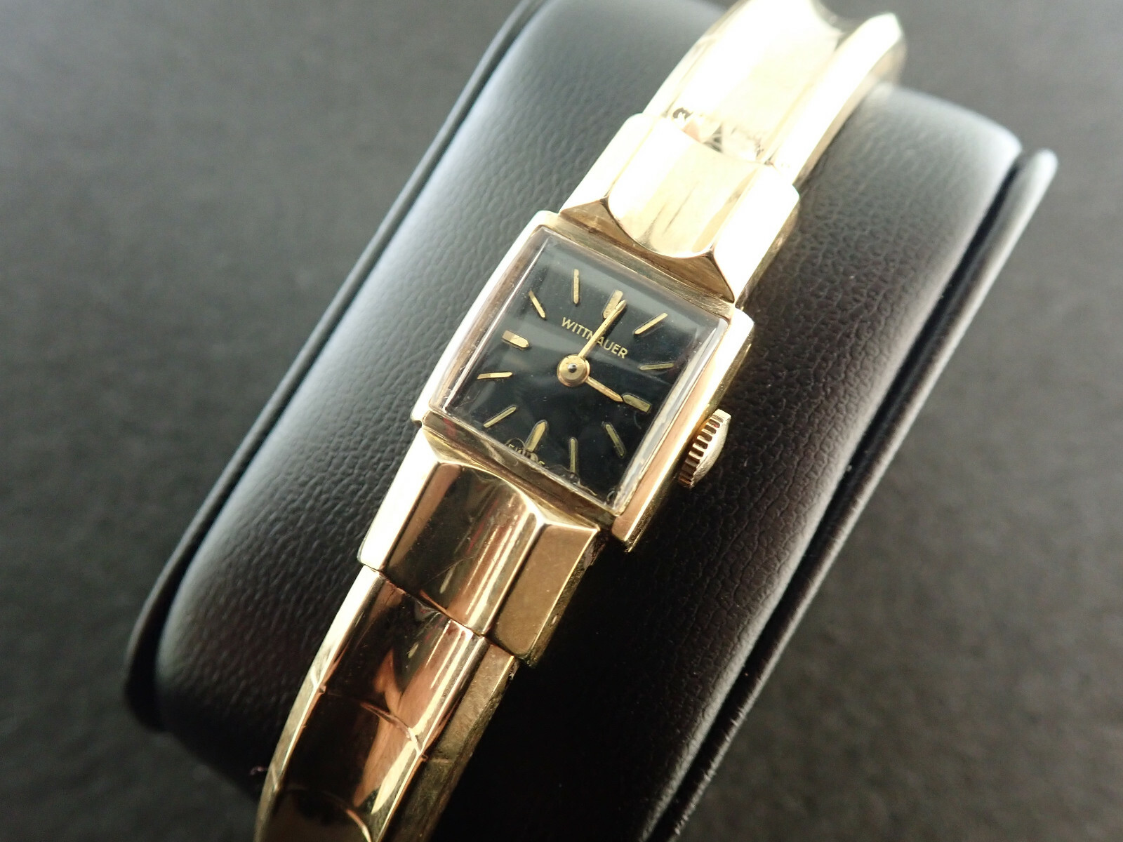 NICE 12.5MM LADIES BLACK DIAL WITTNAUER GOLD FILLED CUFF WRIST WATCH – RUNNING