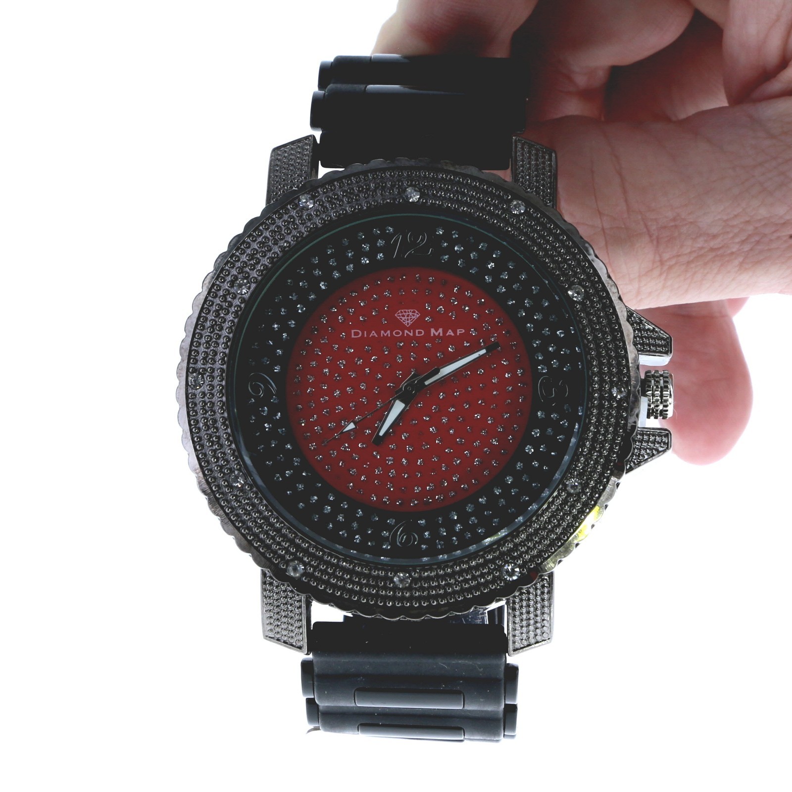 Hip Hop Men’s Ice Crystal Bezel Diamond Dust Dial Black Silicone Band Watch 56mm