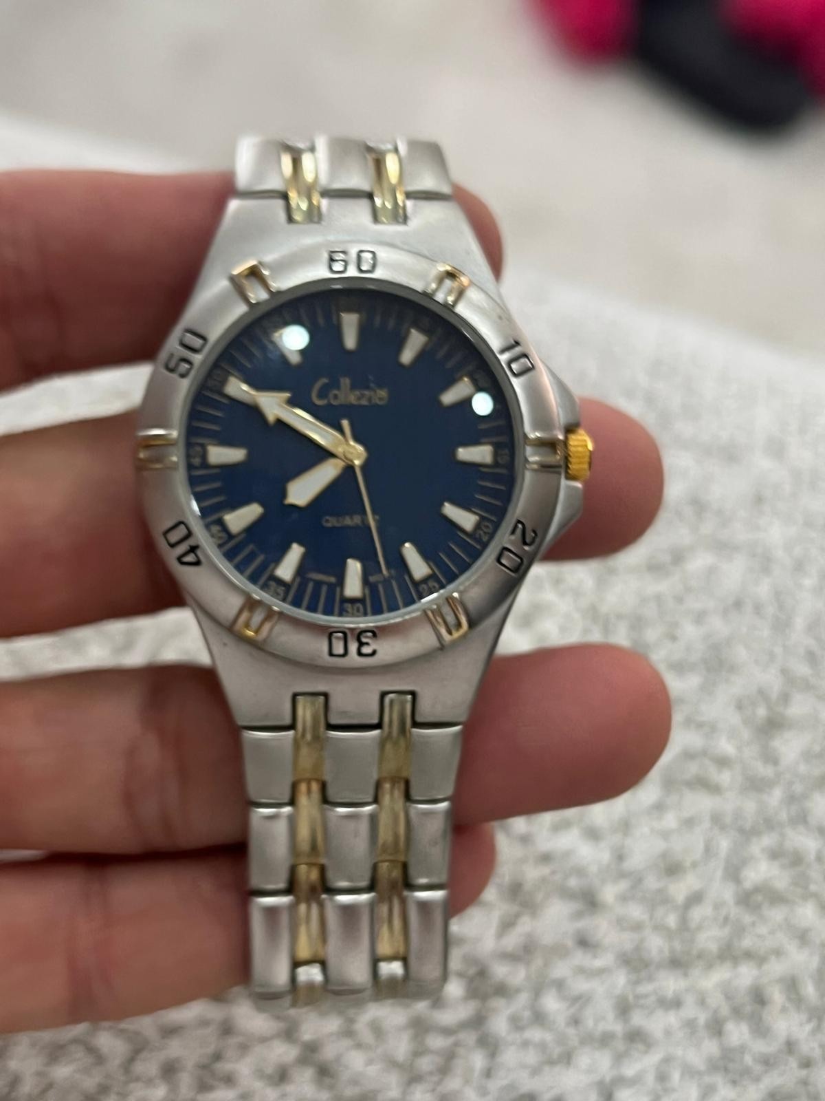 Collezio Mens Blue Pinstripe Dial Two Tone Stainless Steel Analog Watch As Is #f