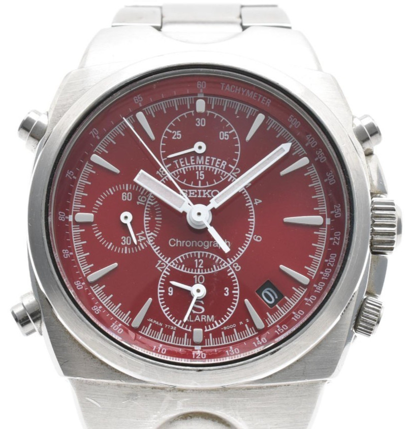 【NEAR MINT】SEIKO Chronograph 7T32-9000 SUS Telemeter Quartz Watch Red Dial Japan