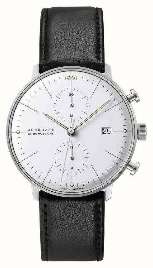 Junghans Max Bill Chronoscope 40mm White Dial Black Leather Strap 27/4600.02