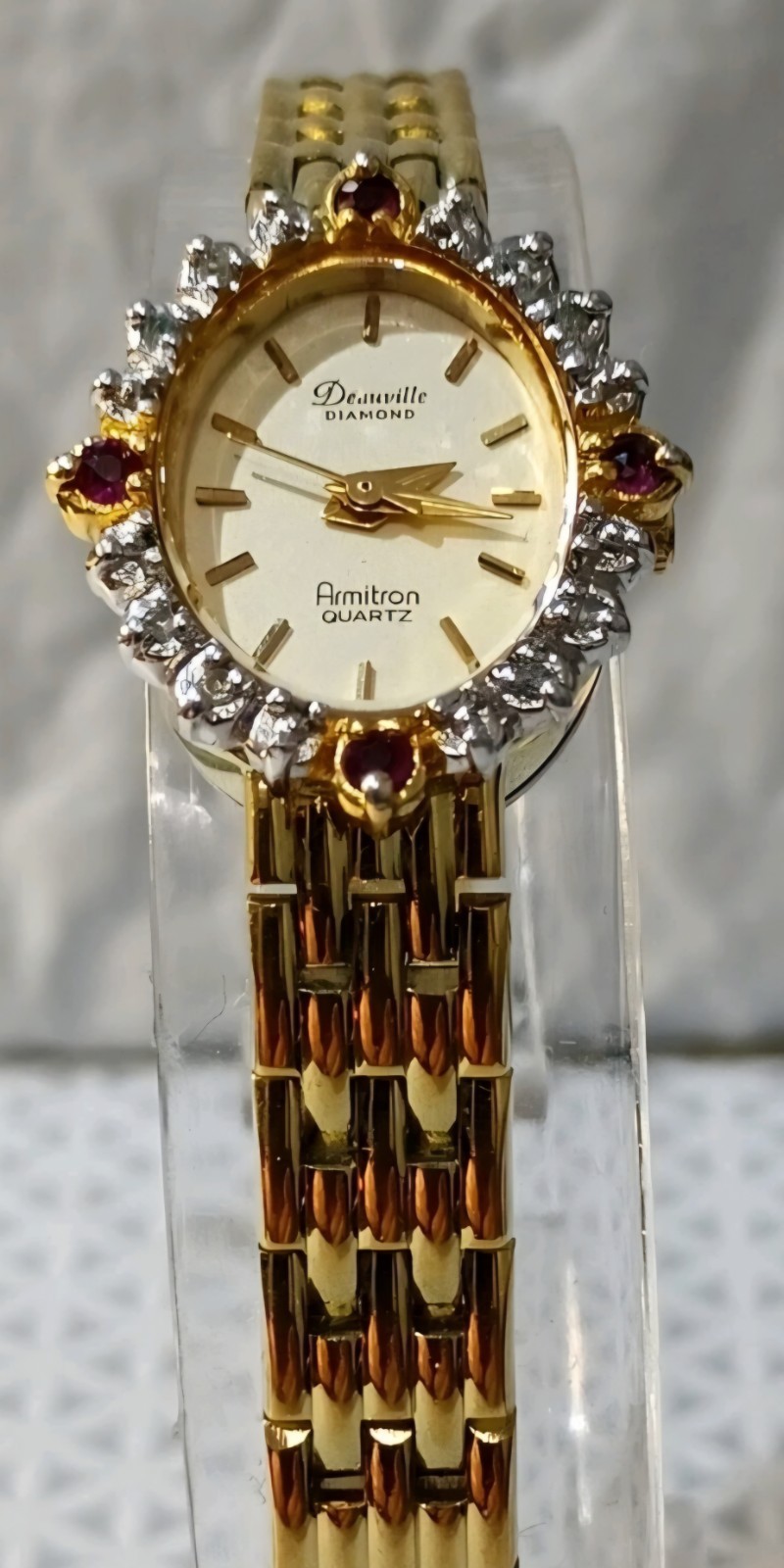 DEAUVILLE Armitron Diamonds Ruby’s Bezel Women’s Watch Gold Tone Quartz 19 mm