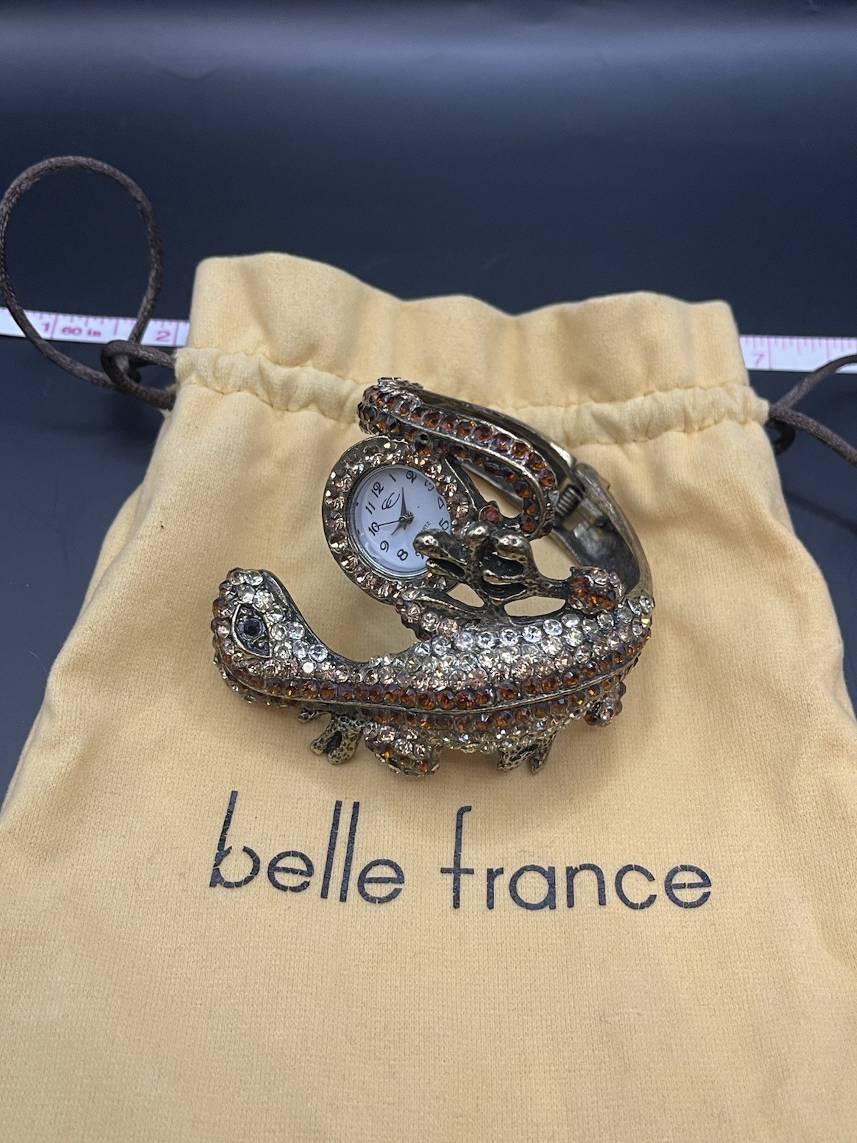 Rhinestone Accent Lizard Bracelet Watch Bronze Gold Tones Cuff Band
