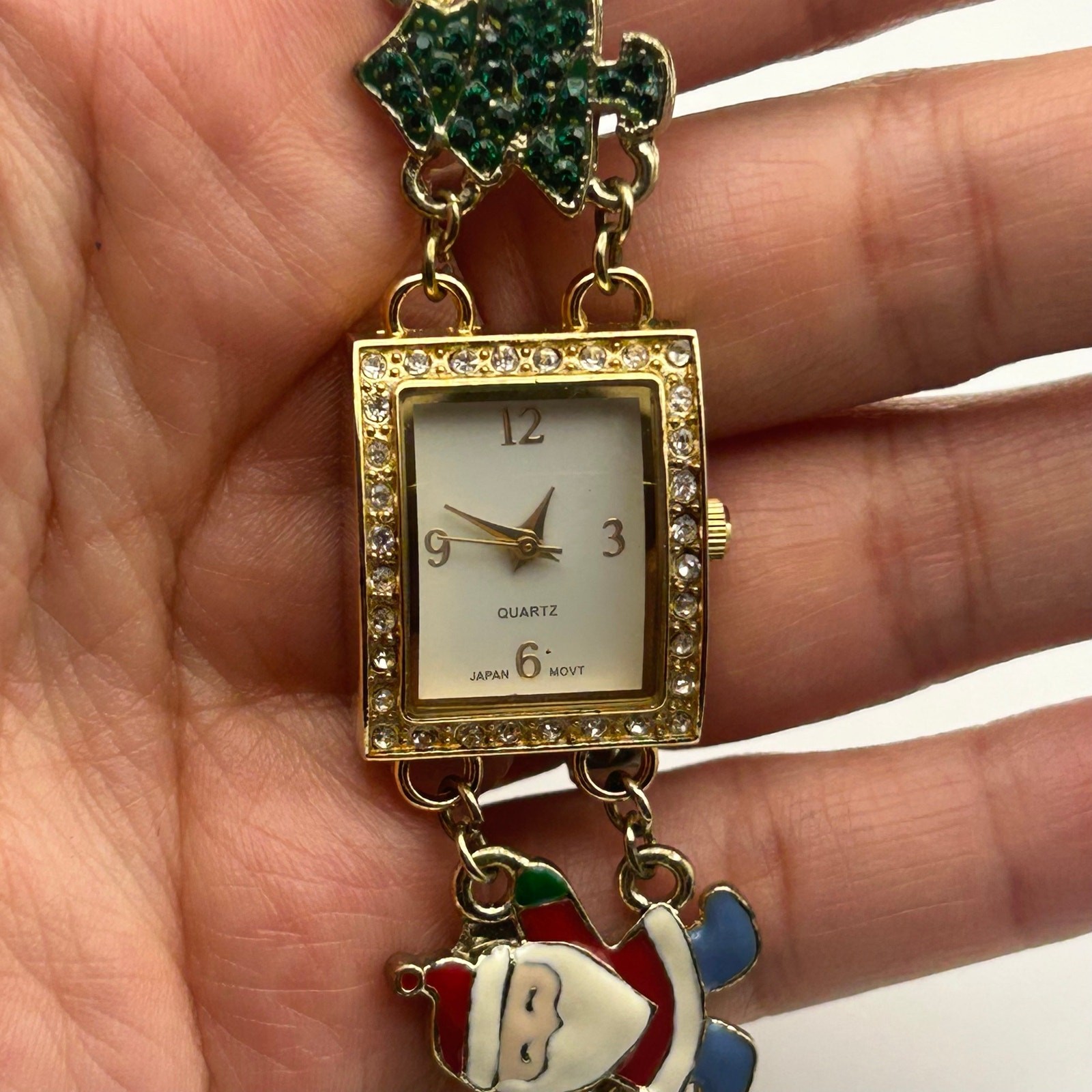 Christmas-themed Gold-tone Charm Bracelet Watch Working New Battery