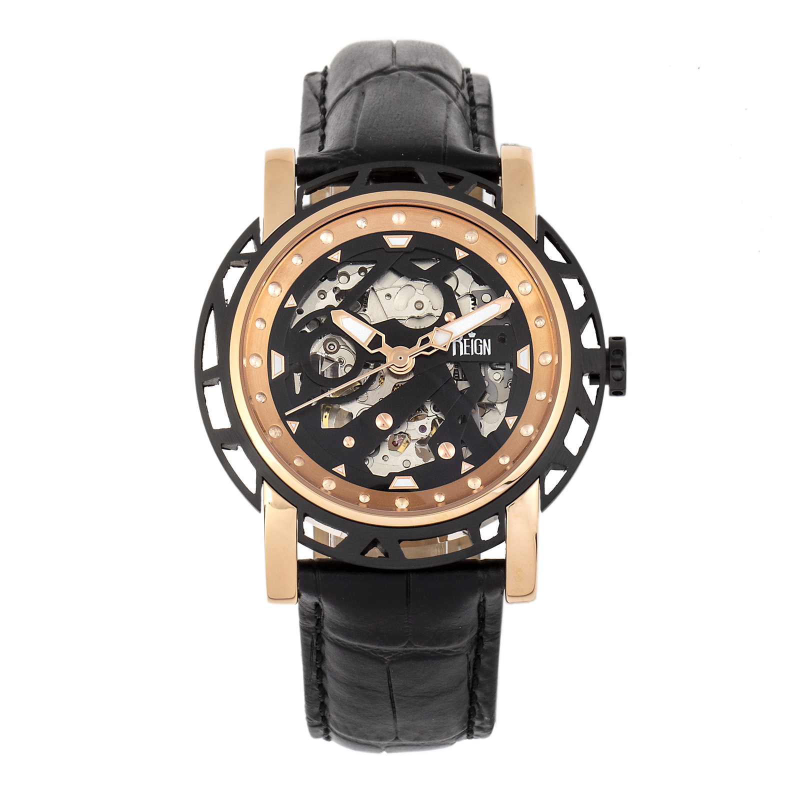 Reign Stavros Automatic Skeleton Leather-Band Watch – Rose Gold/Black