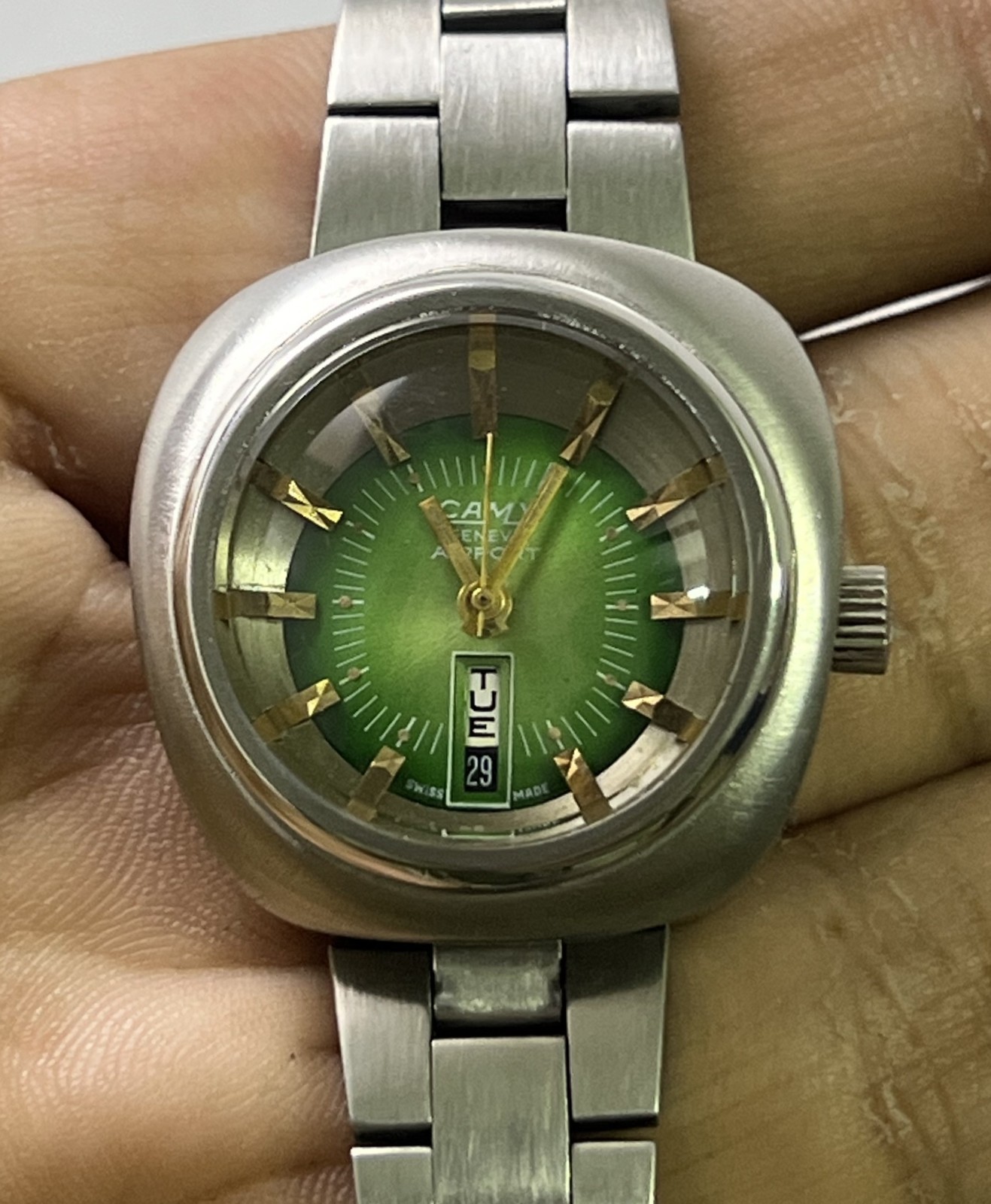 Vintage CAMY Geneve Airport Automatic 17 Jewels Green Dial Ladies Wristwatch