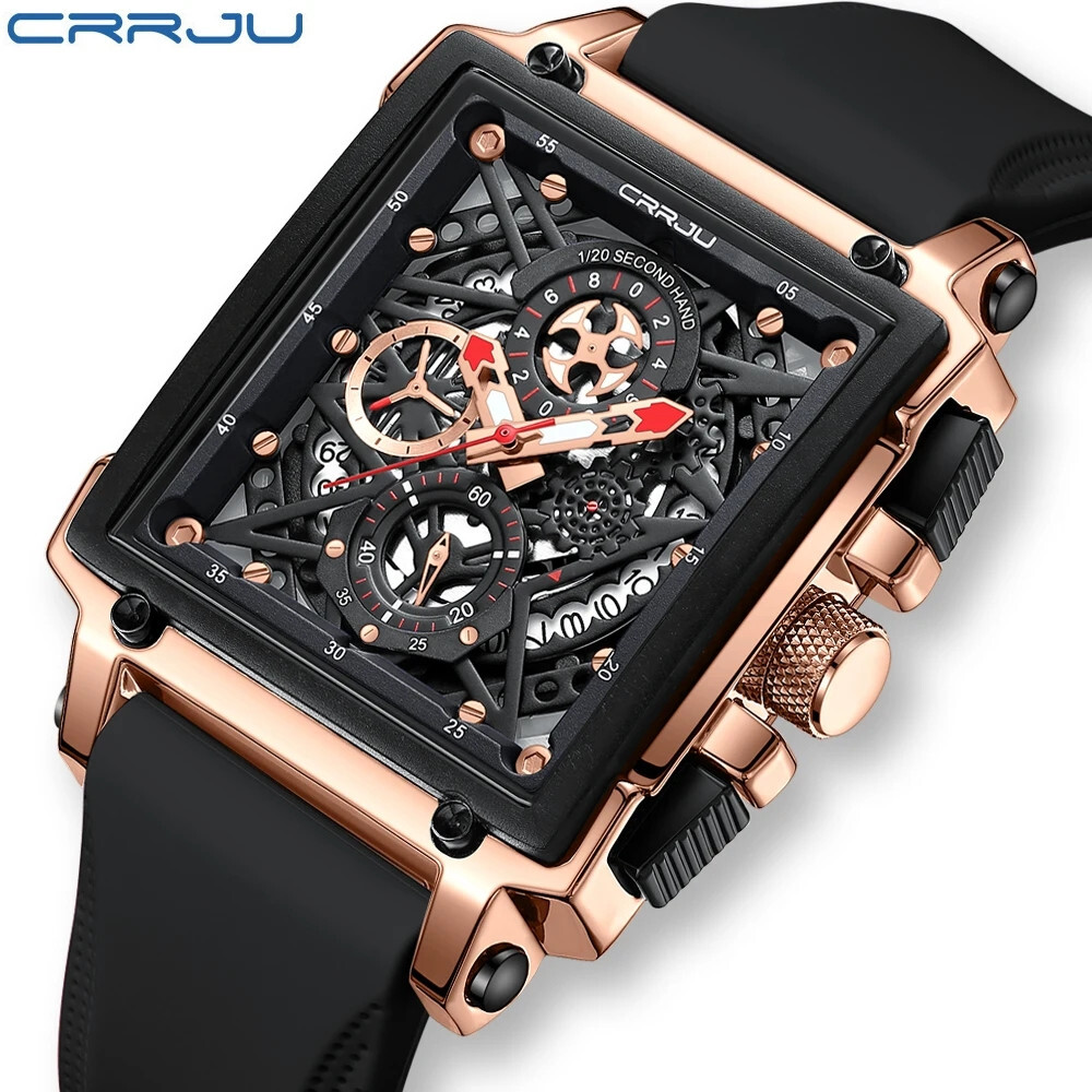 CRRJU Men Watch Luxury Brand Wristwatch Red Strap Male Rectangle Sport Watches