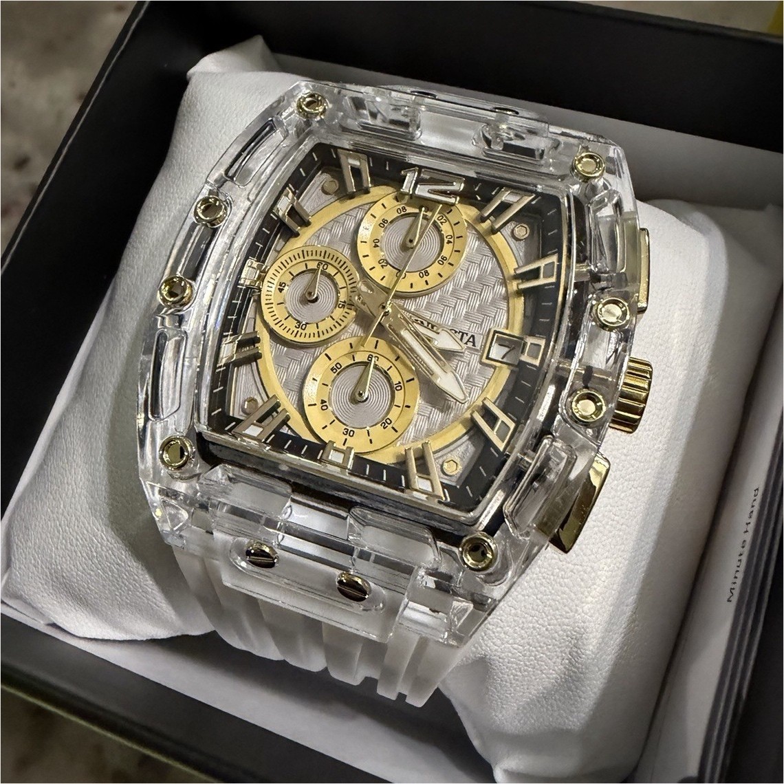Invicta Men’s Quartz Chronograph Tonneau Watch Clear/Gold Case White Strap
