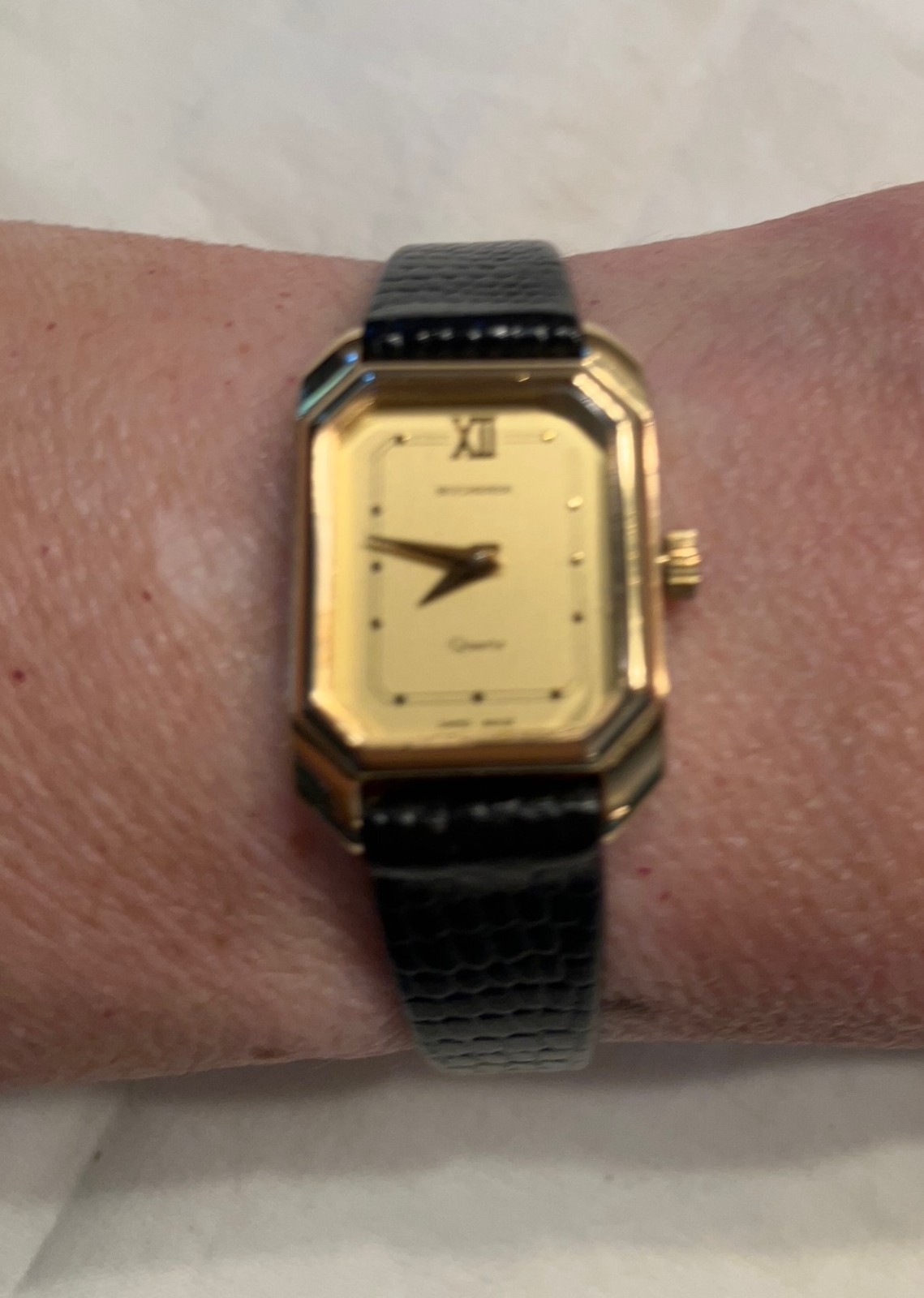 Vintage Bucherer Classic Women’s Quartz Watch with Faux Lizard Black Strap