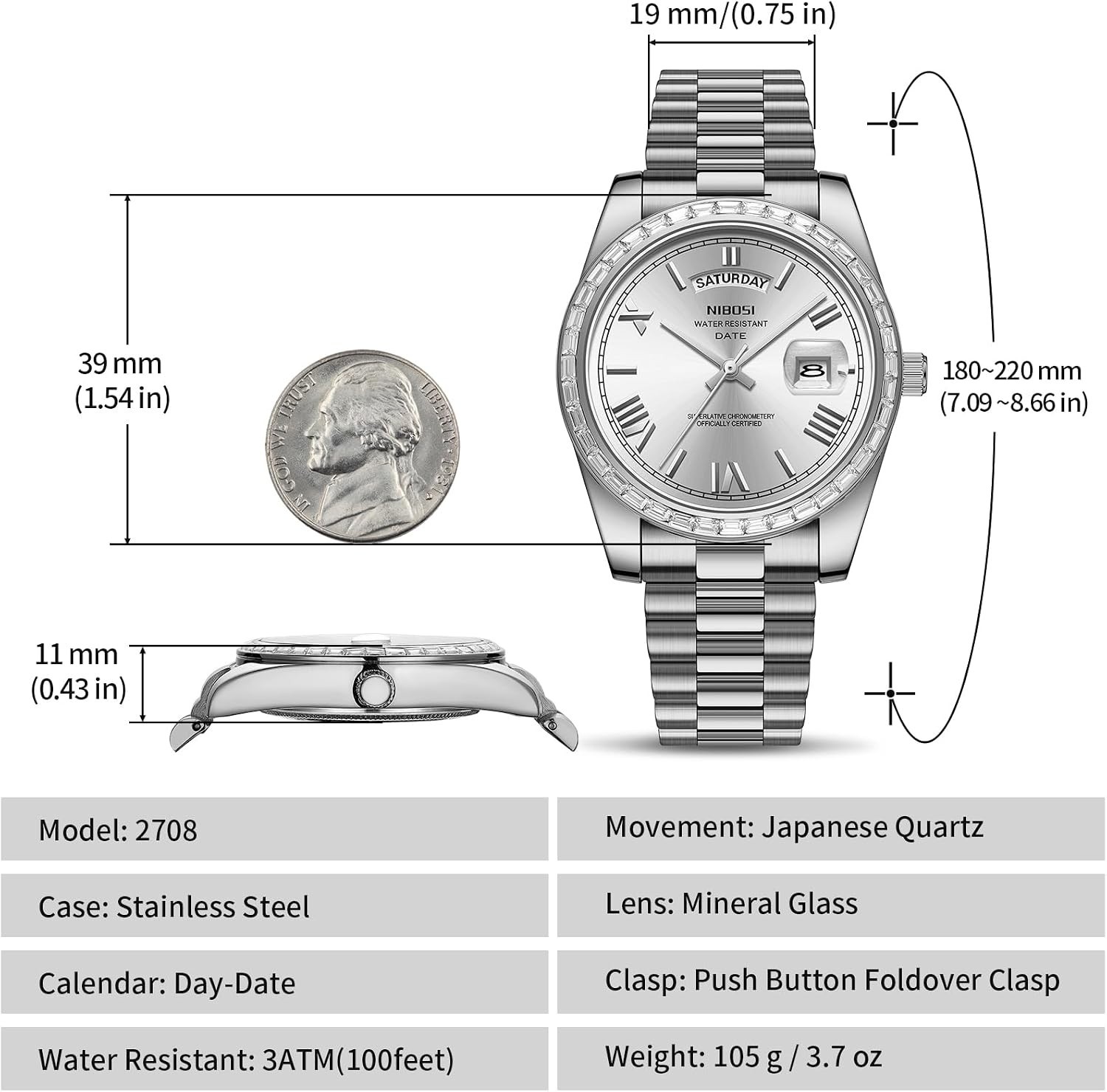 Luxury Men’s Quartz Watch with Diamond Bezel & Day-Date – 100FT Water Resistant