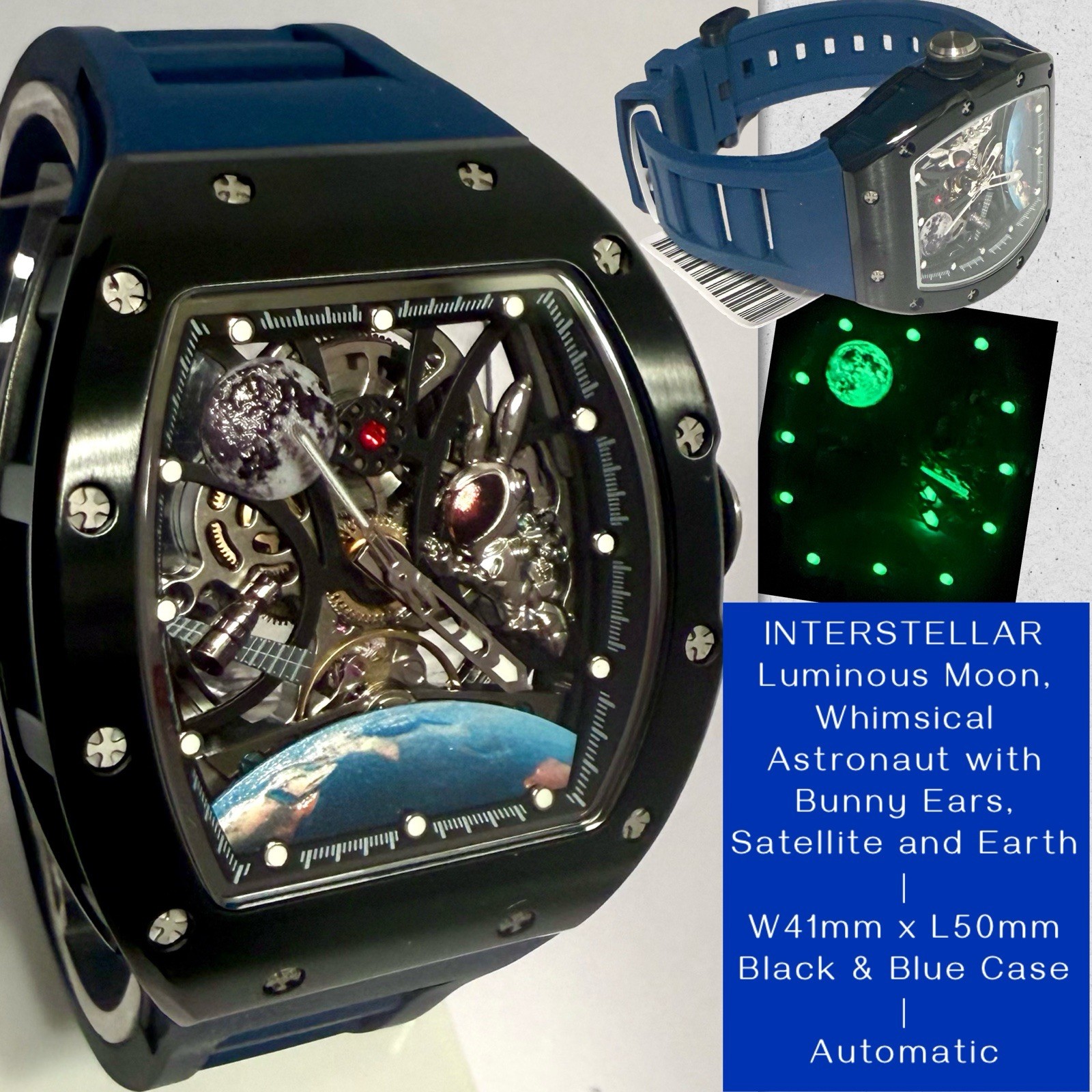 41mm Auto INTERSTELLAR Black & Blue | Lume Moon, Astronaut, Earth Invicta Watch