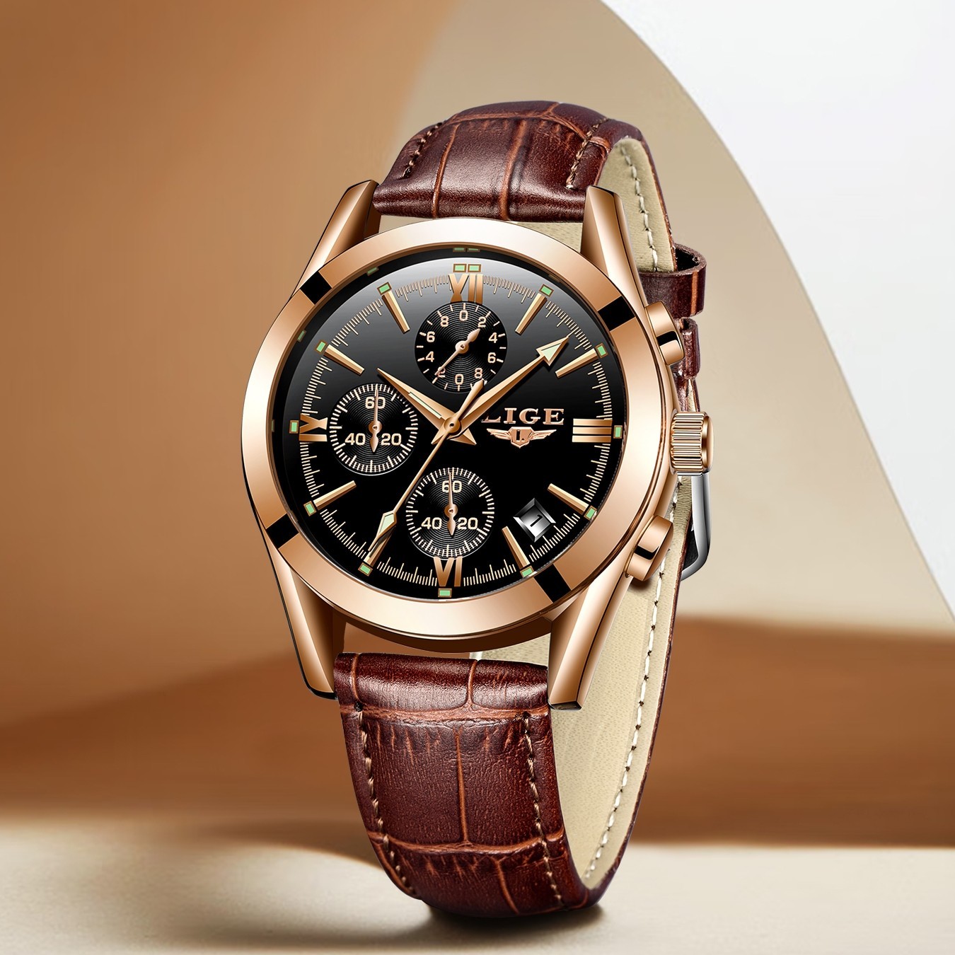 Men Business Watch Quartz Date Luminous Waterproof Leather Band Male Wristwatch