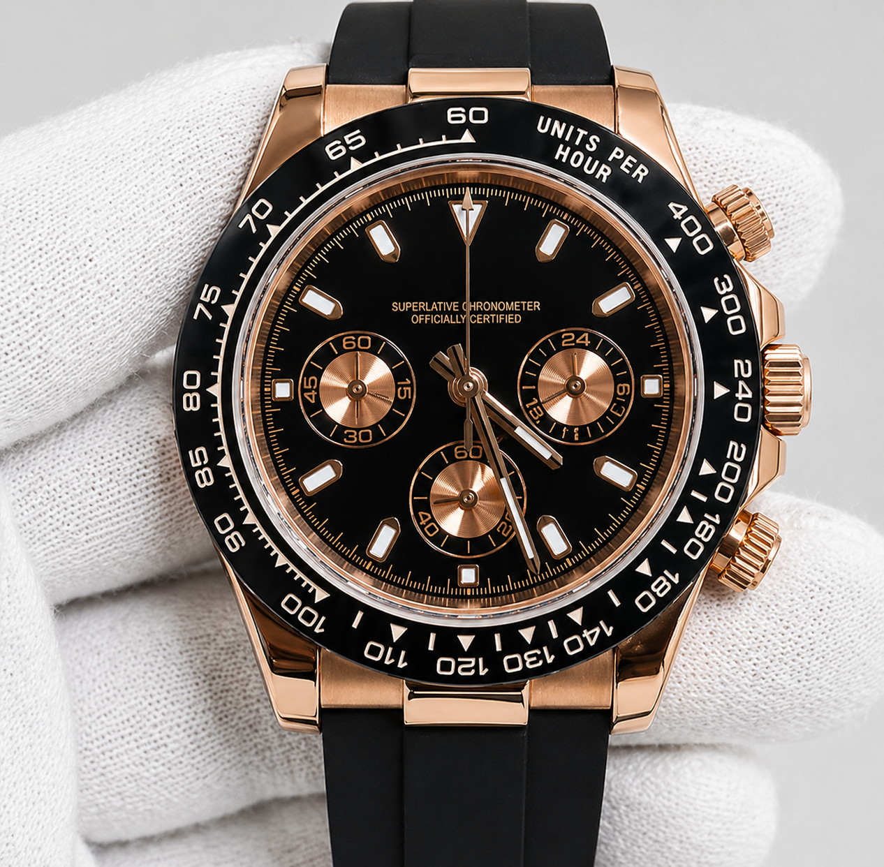 Custom Built – Rose Gold Black Chronograph Style – 40mm Sport Rubber Watch