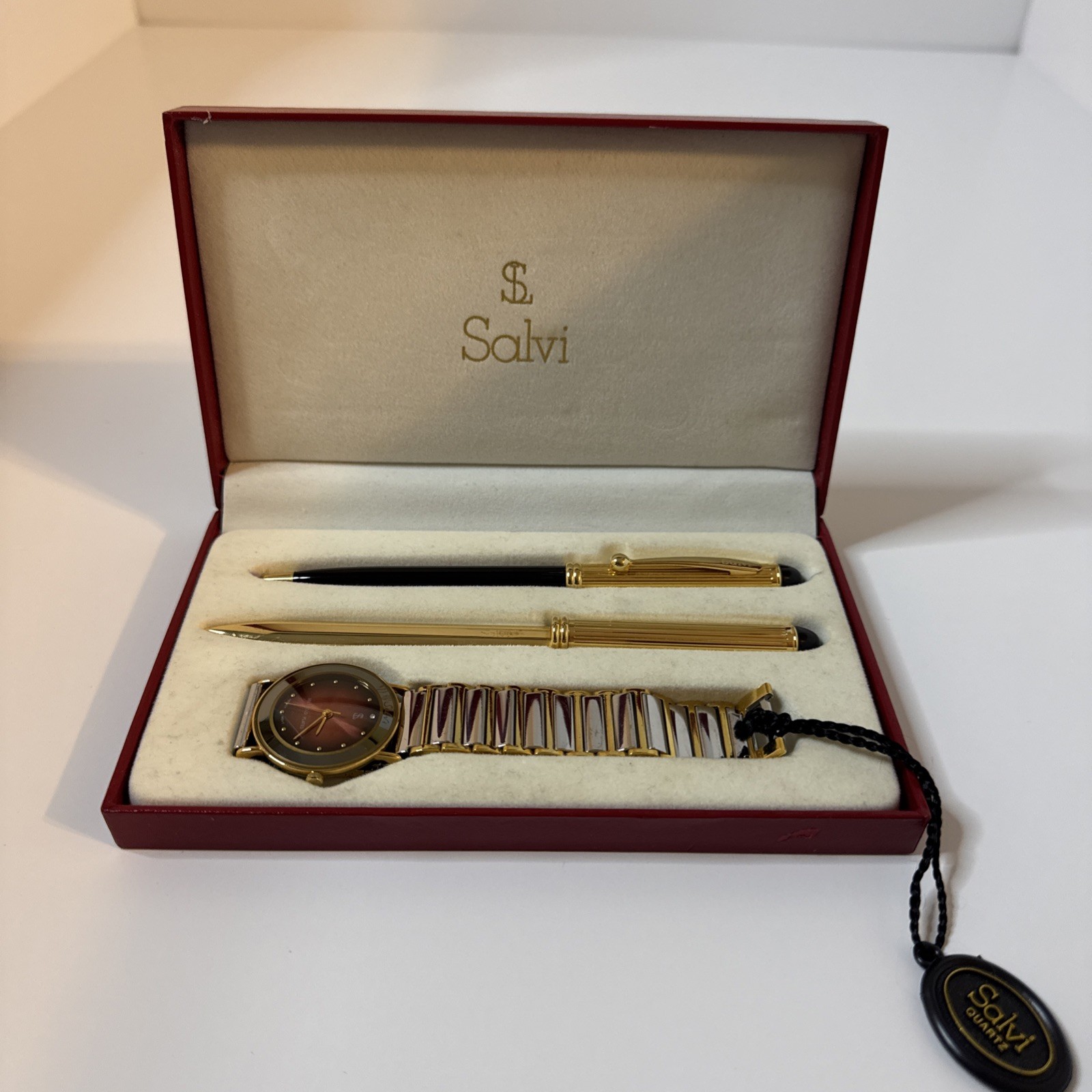 Salvi Unisex 18k Gold Plated Quartz Watch With letter Opener & Pen Gift Set VTG