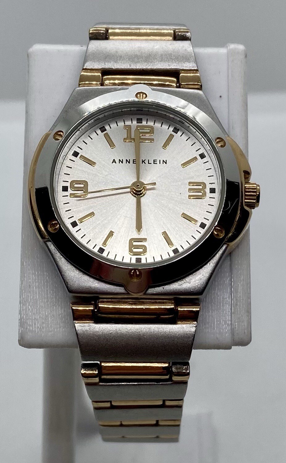 ANNE KLEIN Ladies Watch New Battery 6-3/4” Matte Silver Gloss Gold Band WR100ft