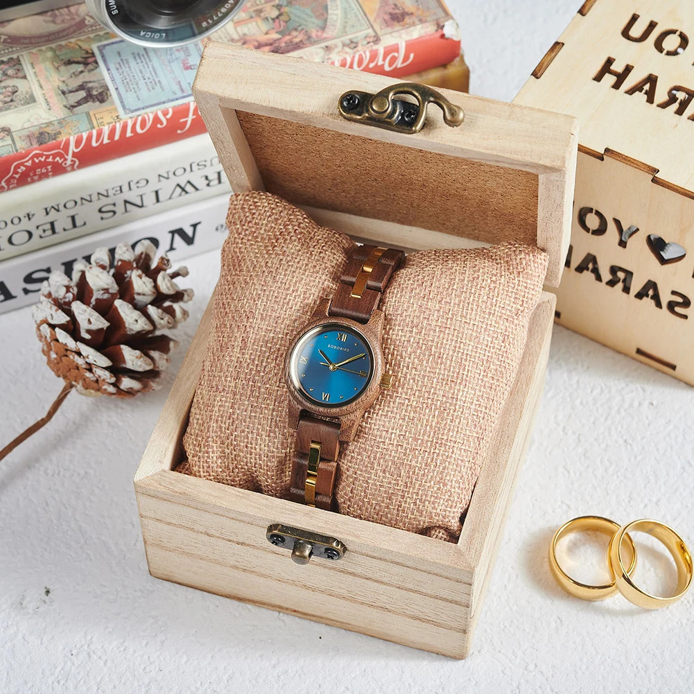 BOBO BIRD Wooden Watch Women’s Navy Blue Quartz Wristwatch Engraved Gift