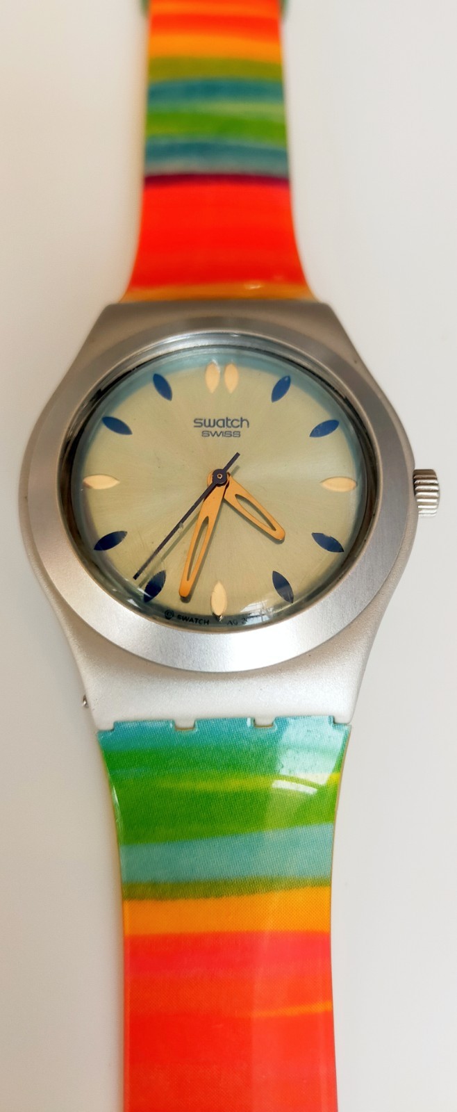 Swatch Irony Aluminum Rainbow Stripe Watch Swiss Made Untested Needs Battery