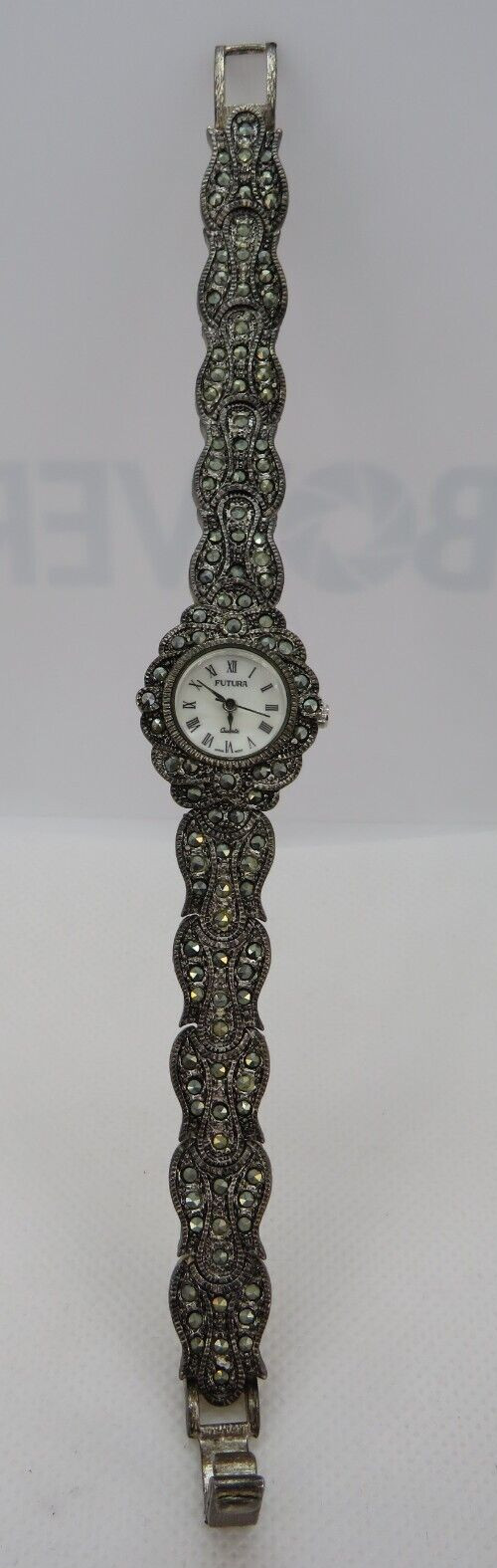 Vintage Futura Watch Women Silver Tone Marcasite Mother of Pearl Dial 7.5”
