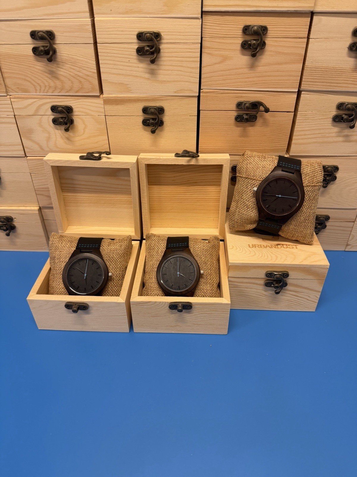 Brand NEW Watch In Wooden Gift box Leather Strap Wooden Watch Face Blue Color