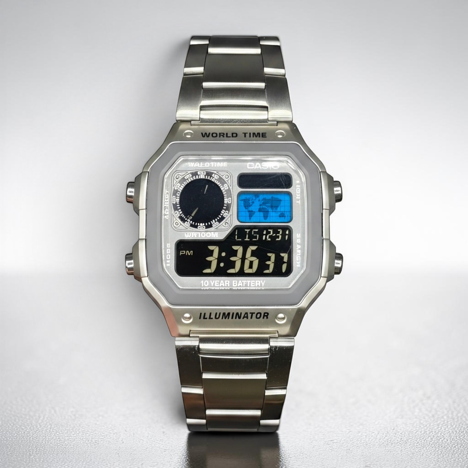 Silver CASIO AE-1200WHD. Royale Watch Mod. Negative Display. Blue World Map