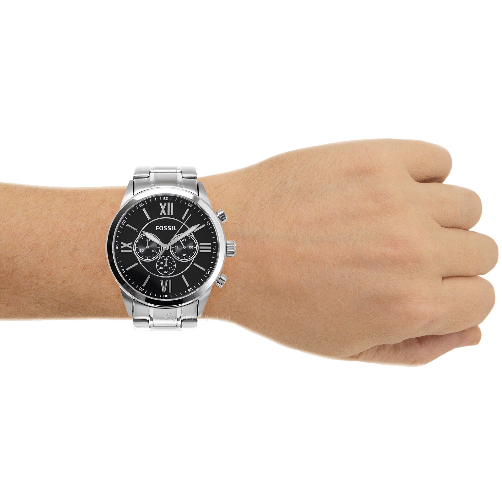 FOSSIL Flynn Mens Chronograph Watch Large Black Dial Silver Stainless Steel Band
