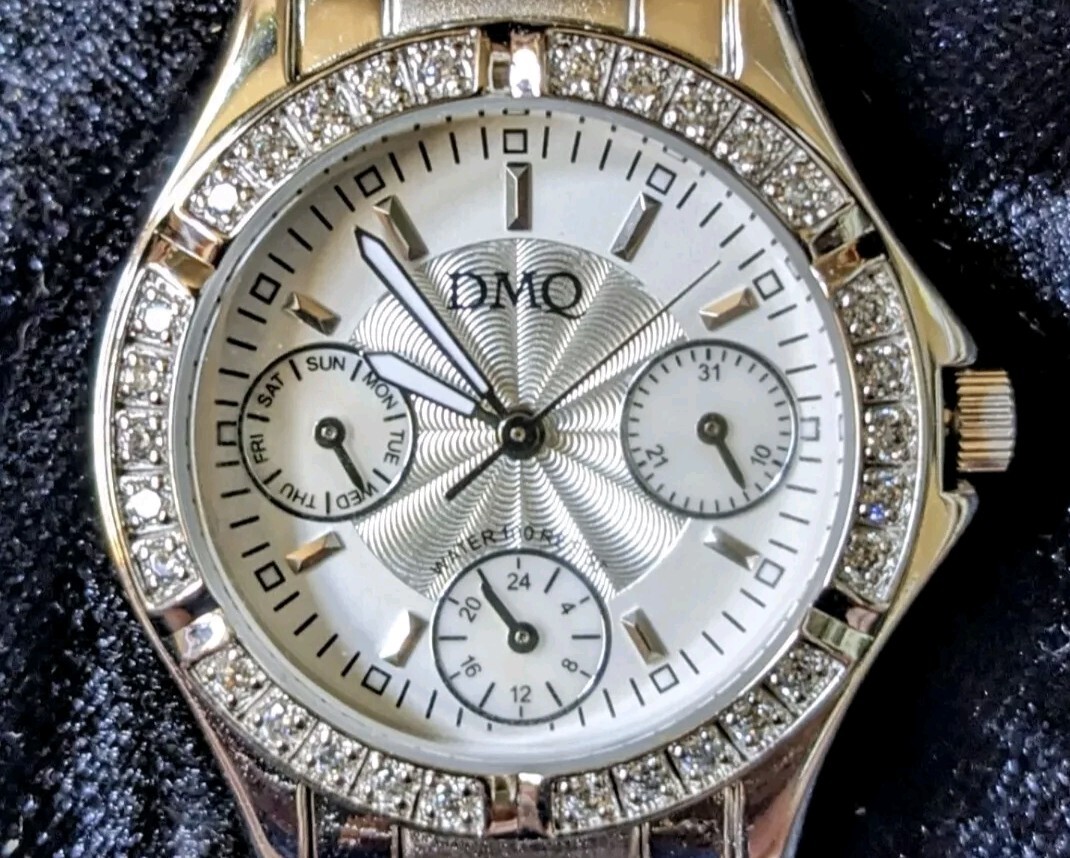 Vintage Silvertone DMQ Chronograph Bracelet Watch With Decorative CZ Bezel