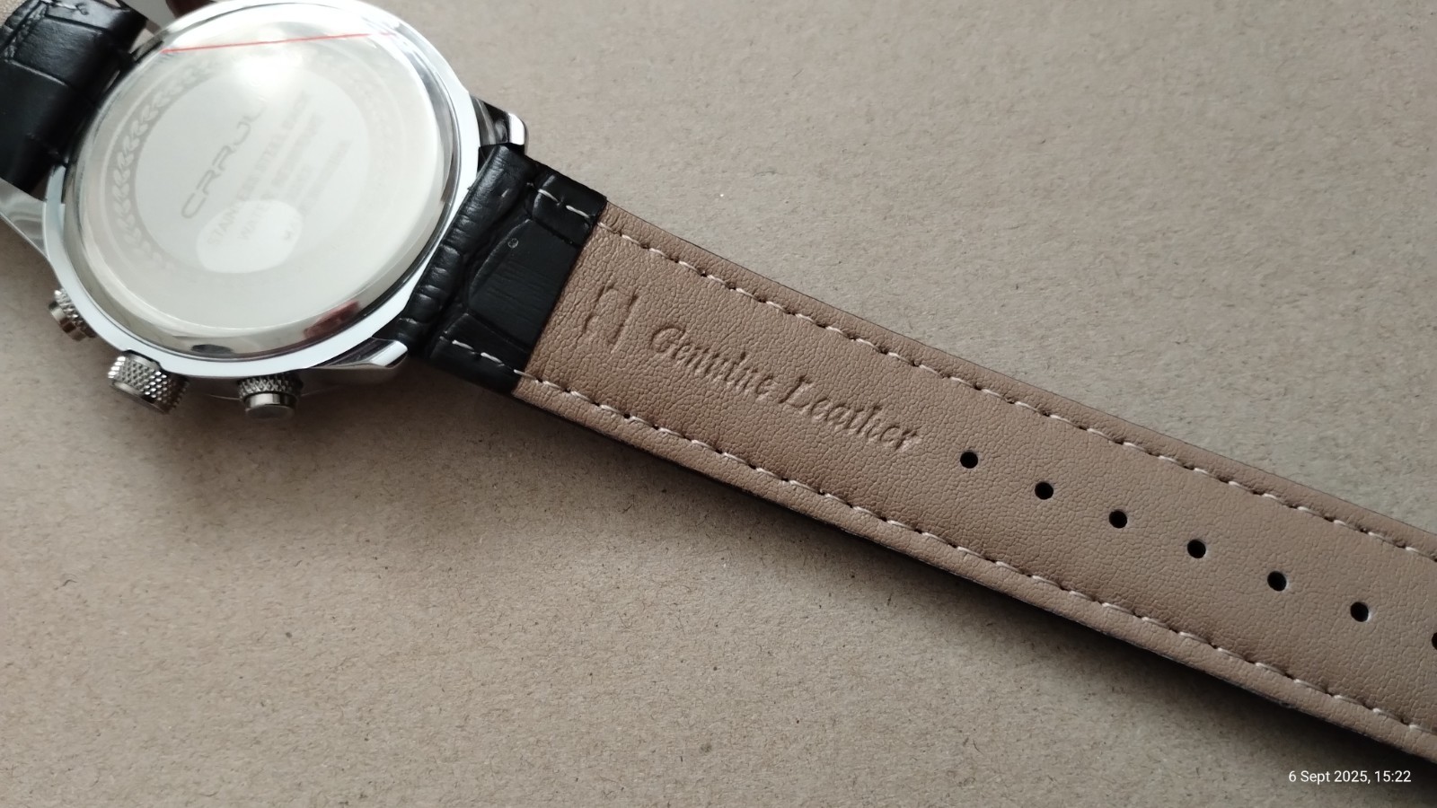 CRRJU 2212L Japanese Quartz Movement Chronograph Watch Black Face Leather Strap